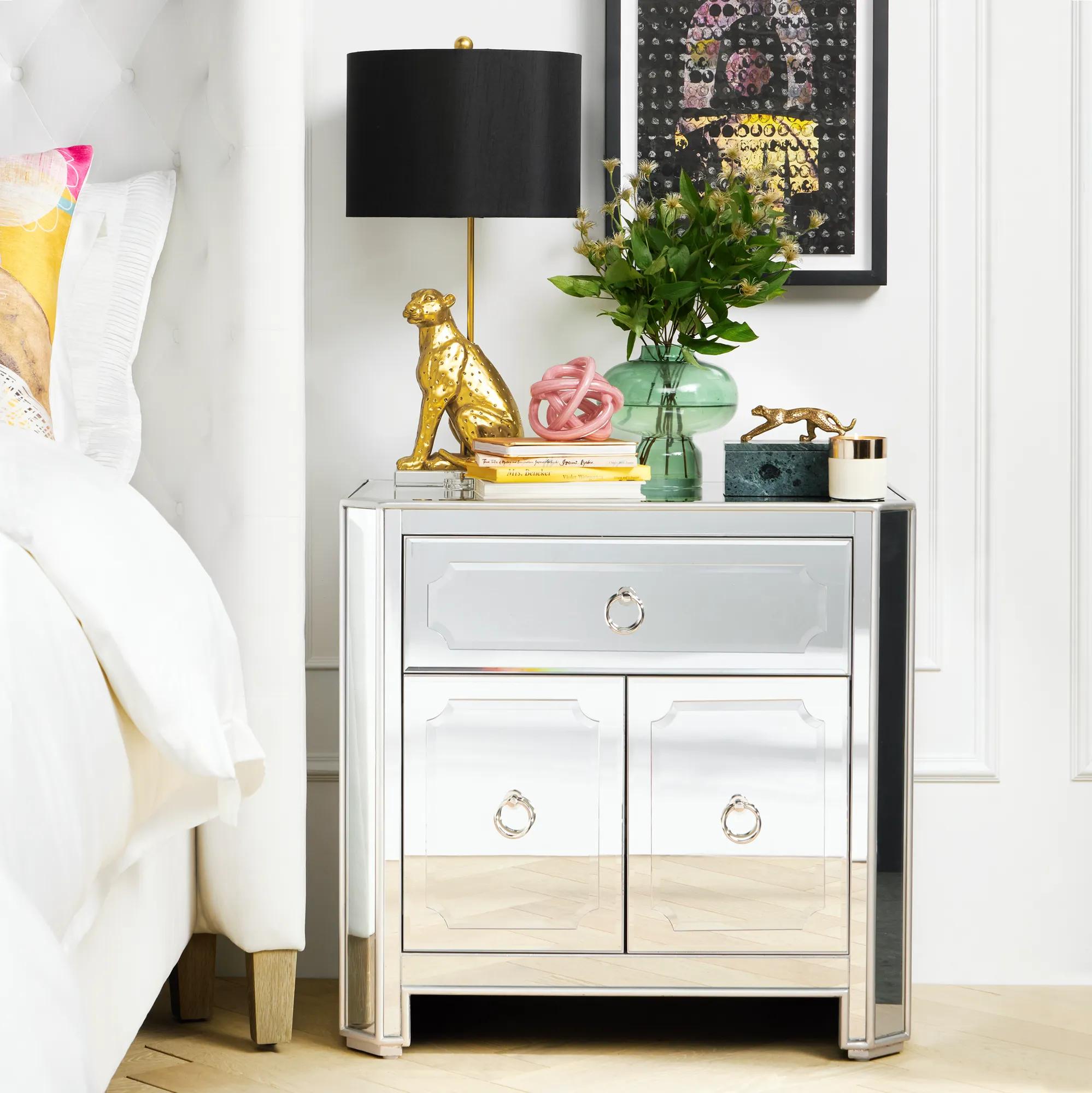 クリスタル付きミラーナイトスタンド BEDSIDE TABLE Amazon.com: Mirrored Floating Bedside Nightstand with Drawer