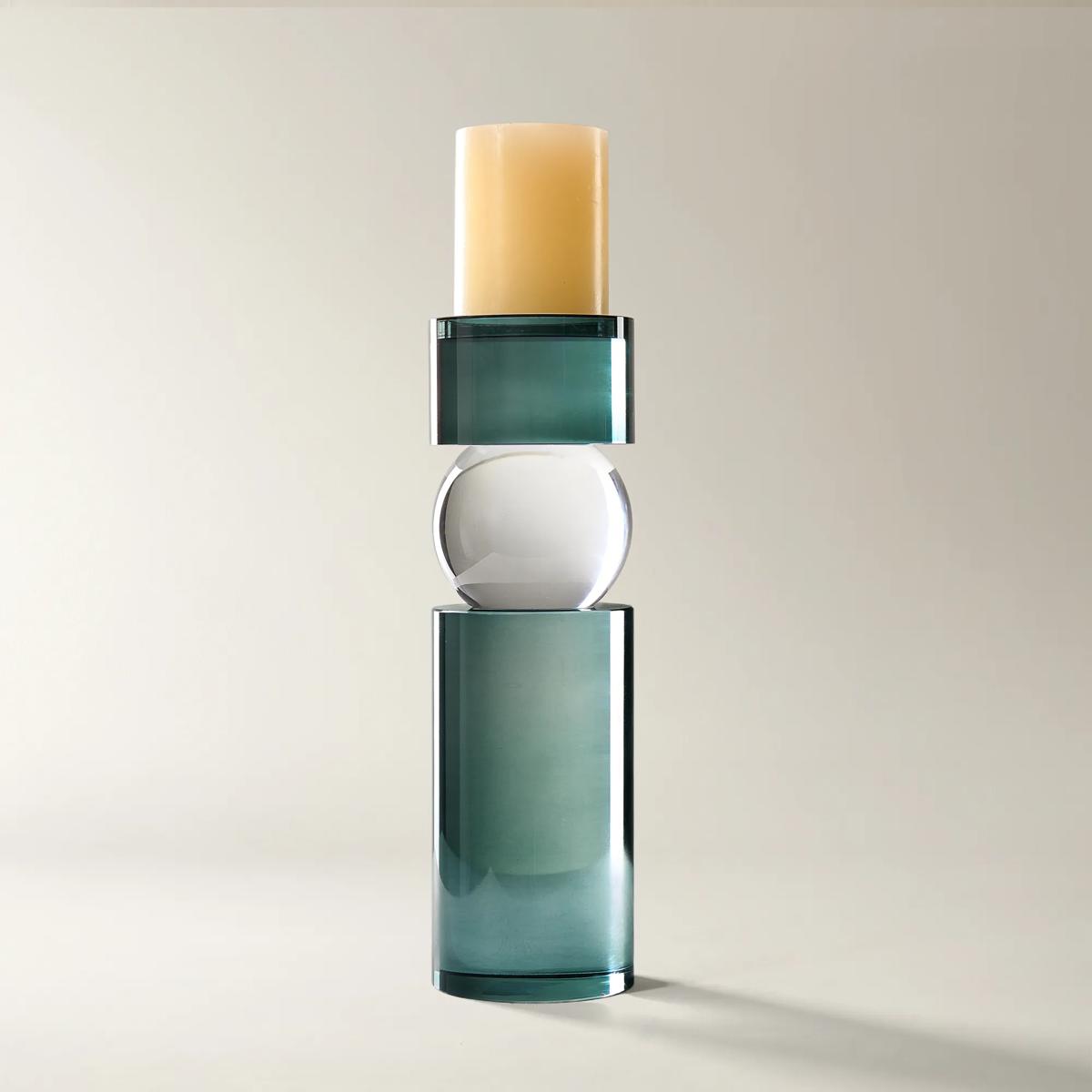Leroy Teal Crystal Pillar Holder Large 12.5"