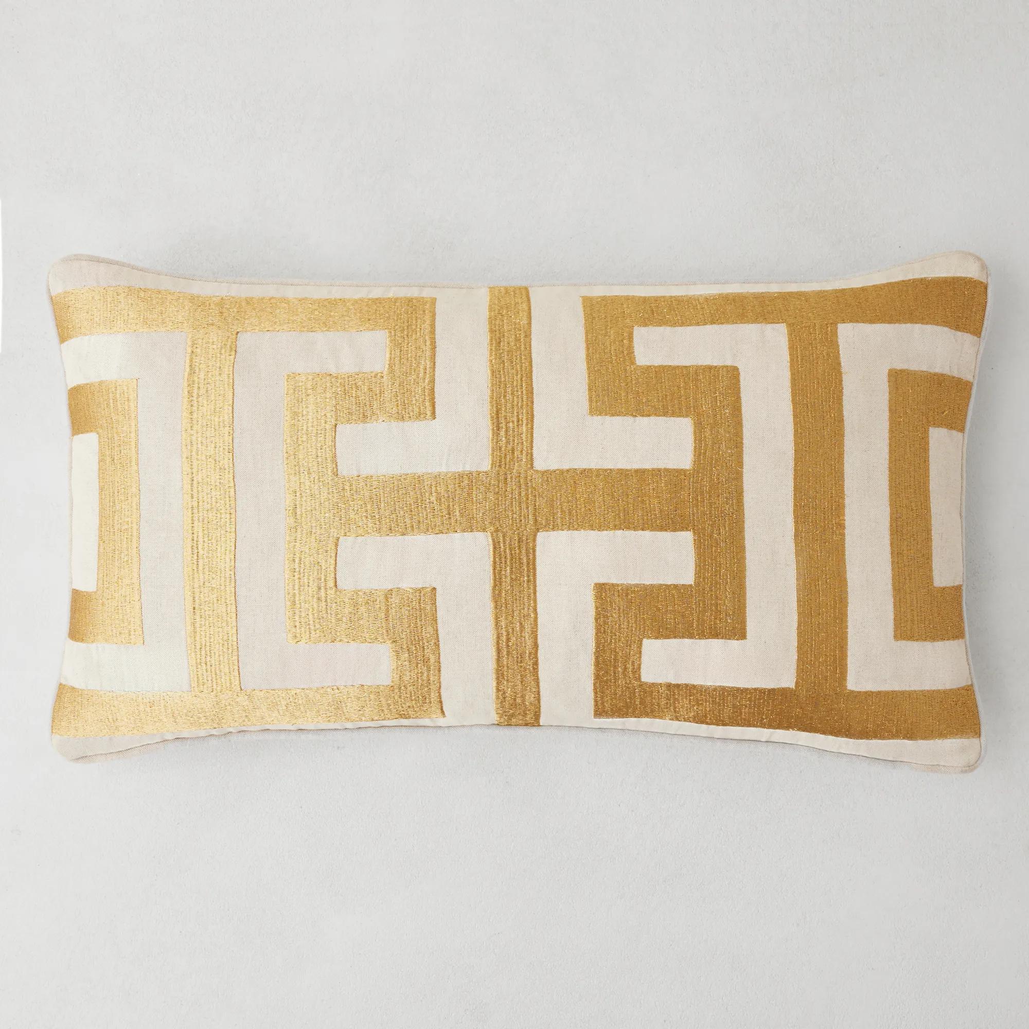 Cace Embroidered Gold/White Linen Lumbar Pillow 14" x 26" | Z Gallerie