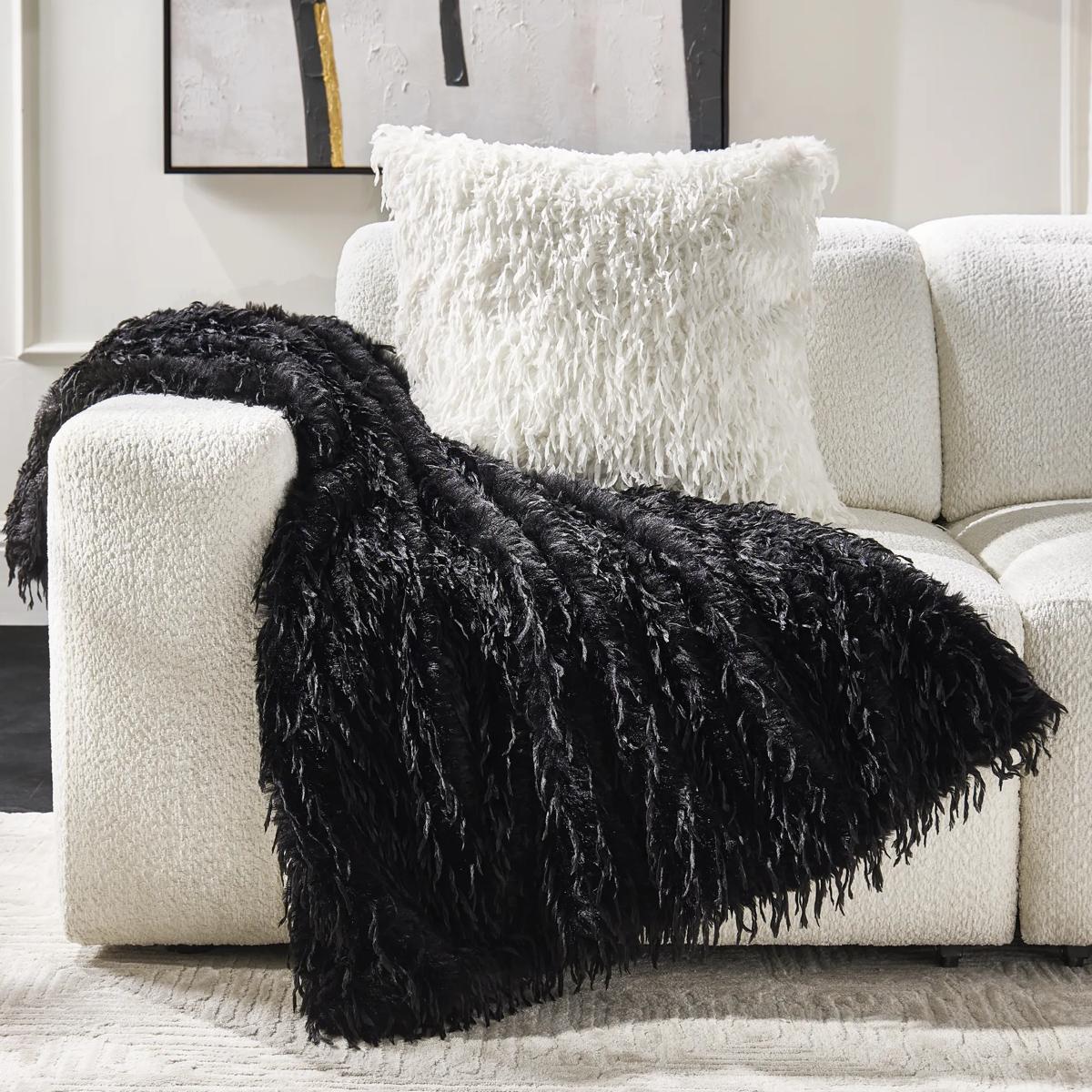 Pluma Faux Feather Throw 50" x 60" - Black