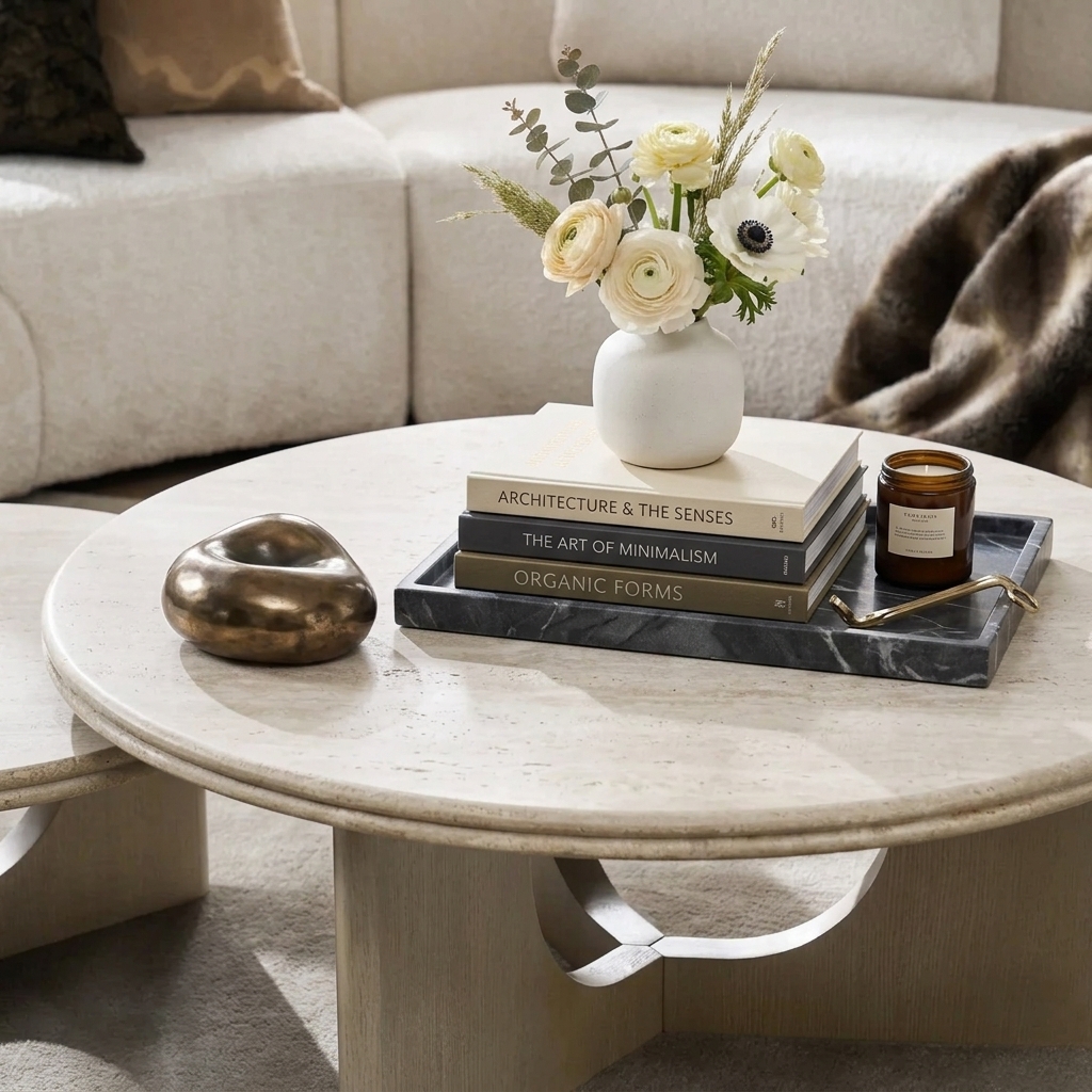 Styled stone coffee table with books, flowers, and sculptural decor.