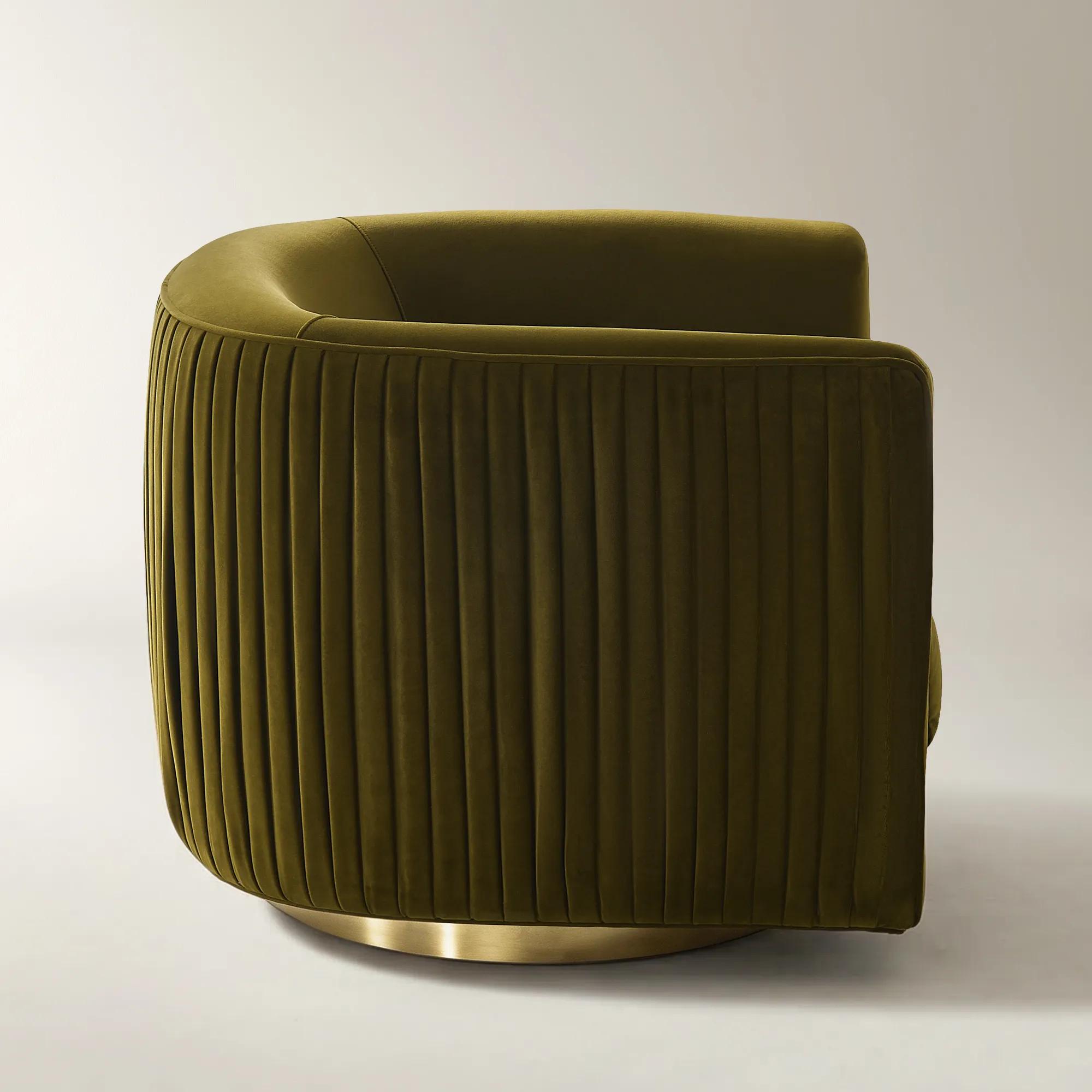 Lyssa Pleated Deep Olive Velvet Swivel Accent Chair