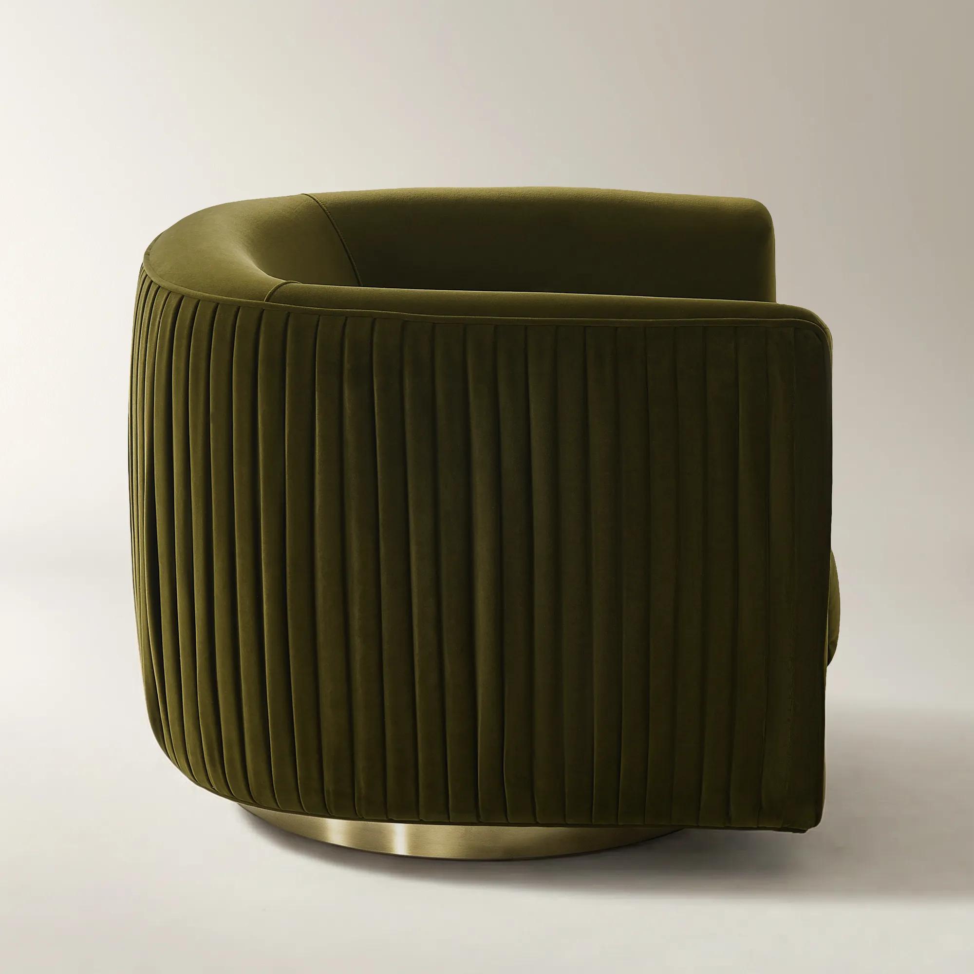 Lyssa Pleated Deep Olive Velvet Swivel Accent Chair