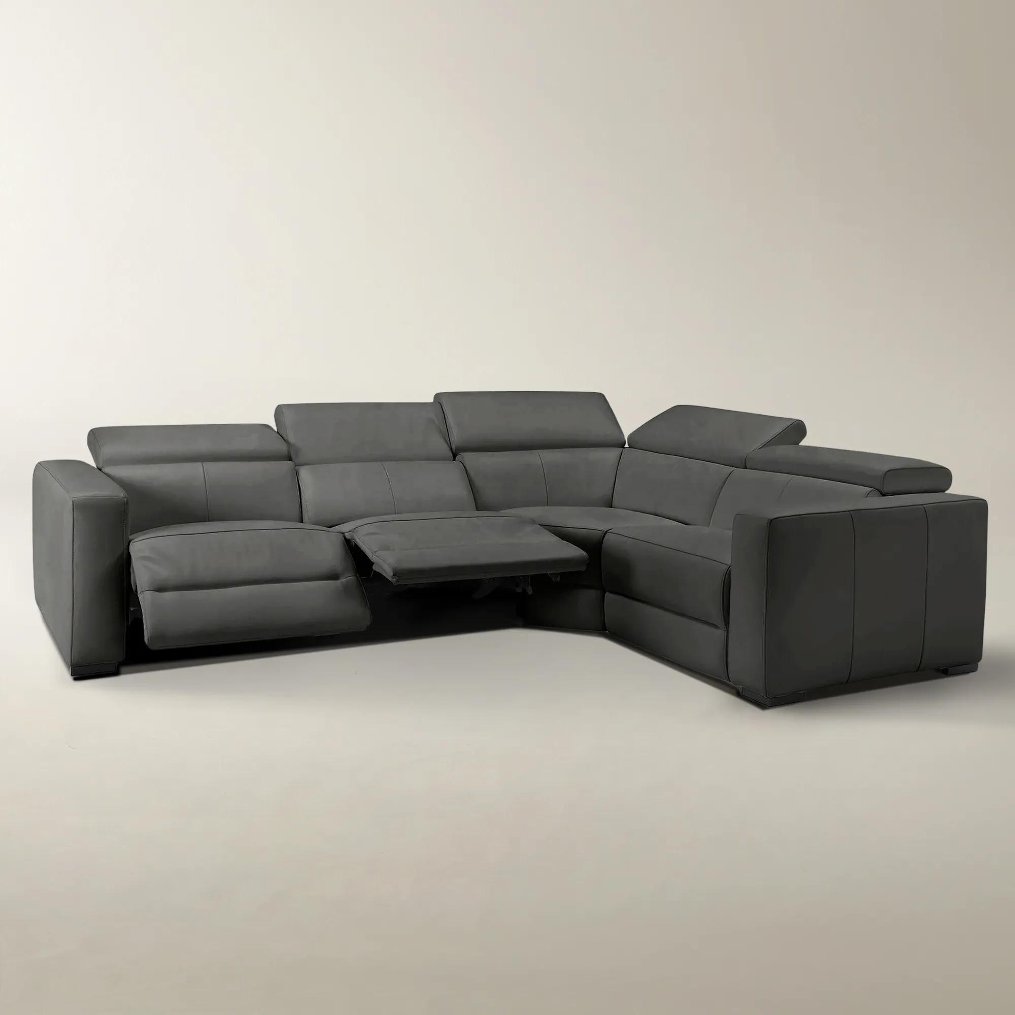 Gray power reclining sectional with footrests extended and chaise seat cushions open