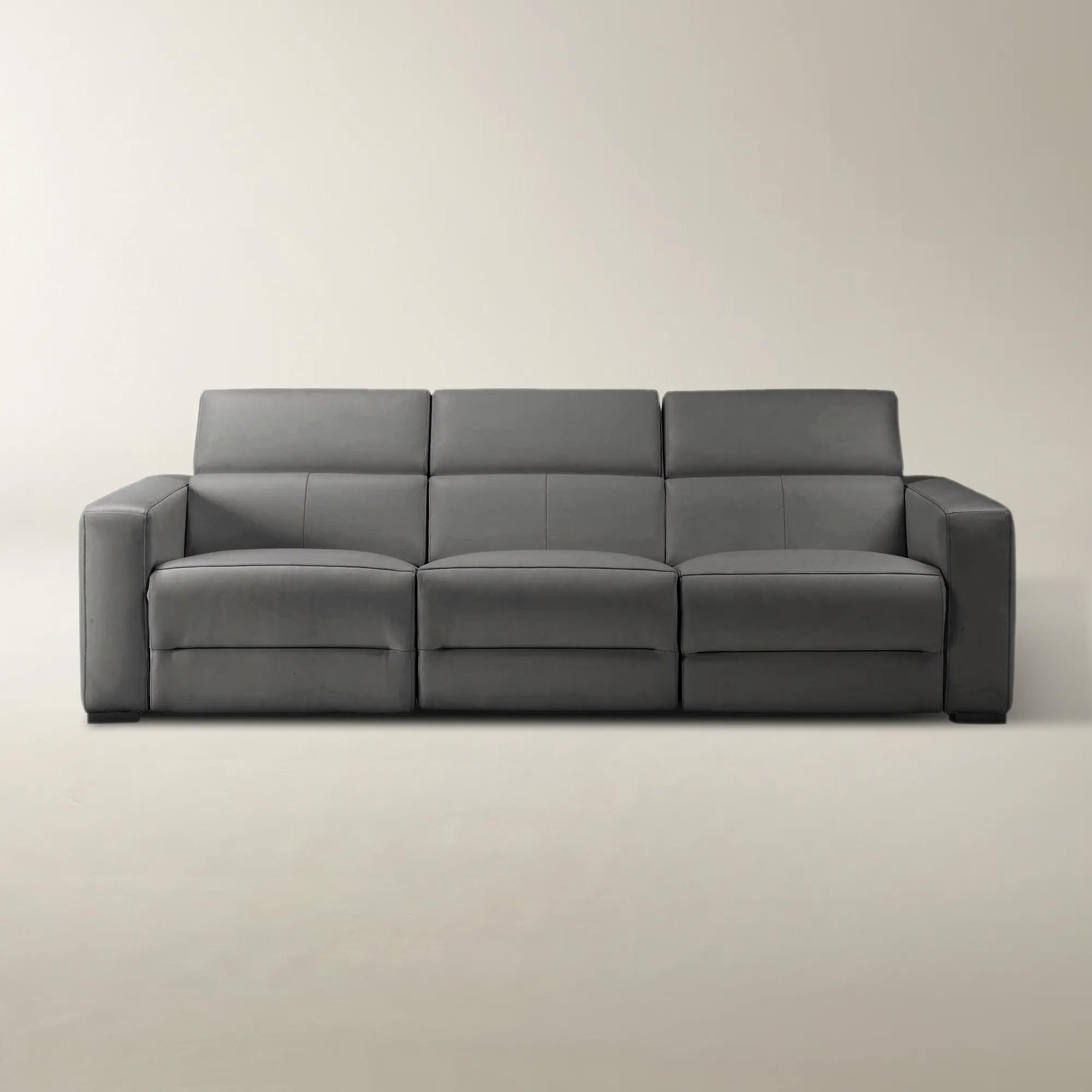 Front view of gray leather reclining sectional with power seats