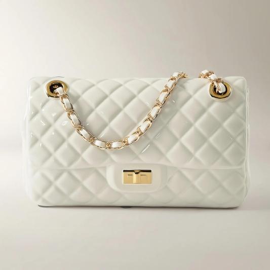 Handbag Flap White Ceramic High Gloss Coin Bank 10" x 5.75"