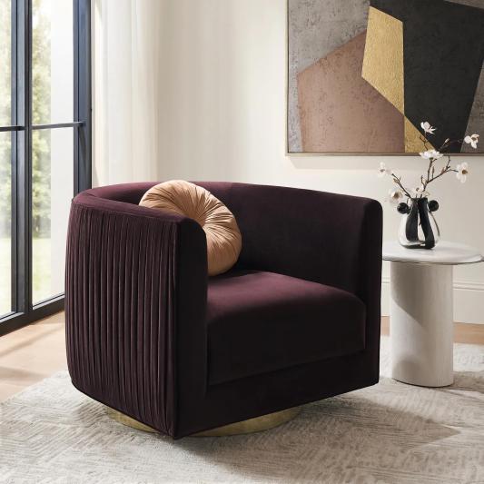 Lyssa Pleated Fig Velvet Swivel Accent Chair