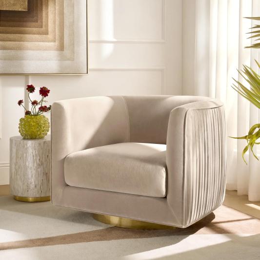 Lyssa Pleated Simply Taupe Velvet Swivel Accent Chair