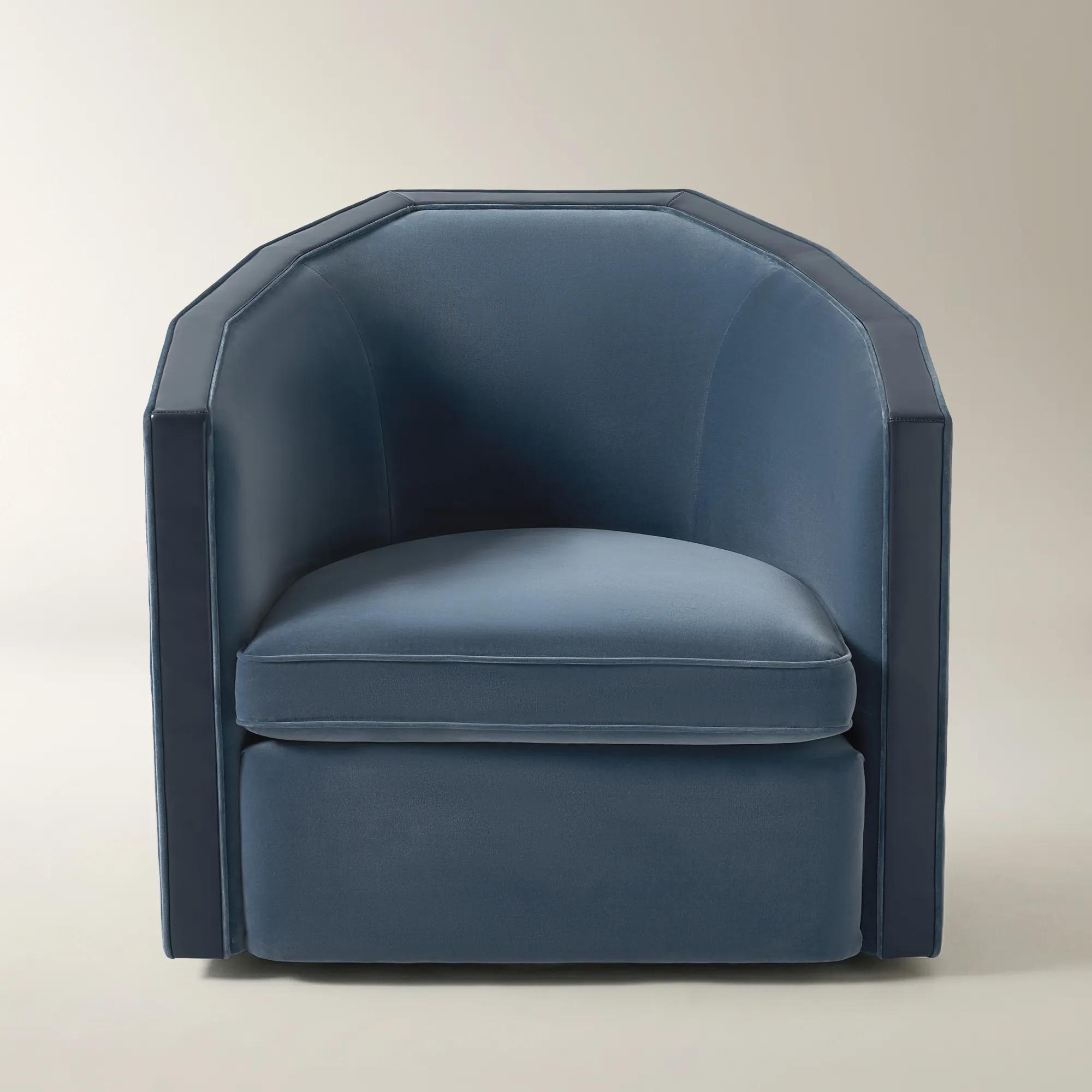 Vesper Dusty Blue Velvet With Leather Swivel Accent Chair