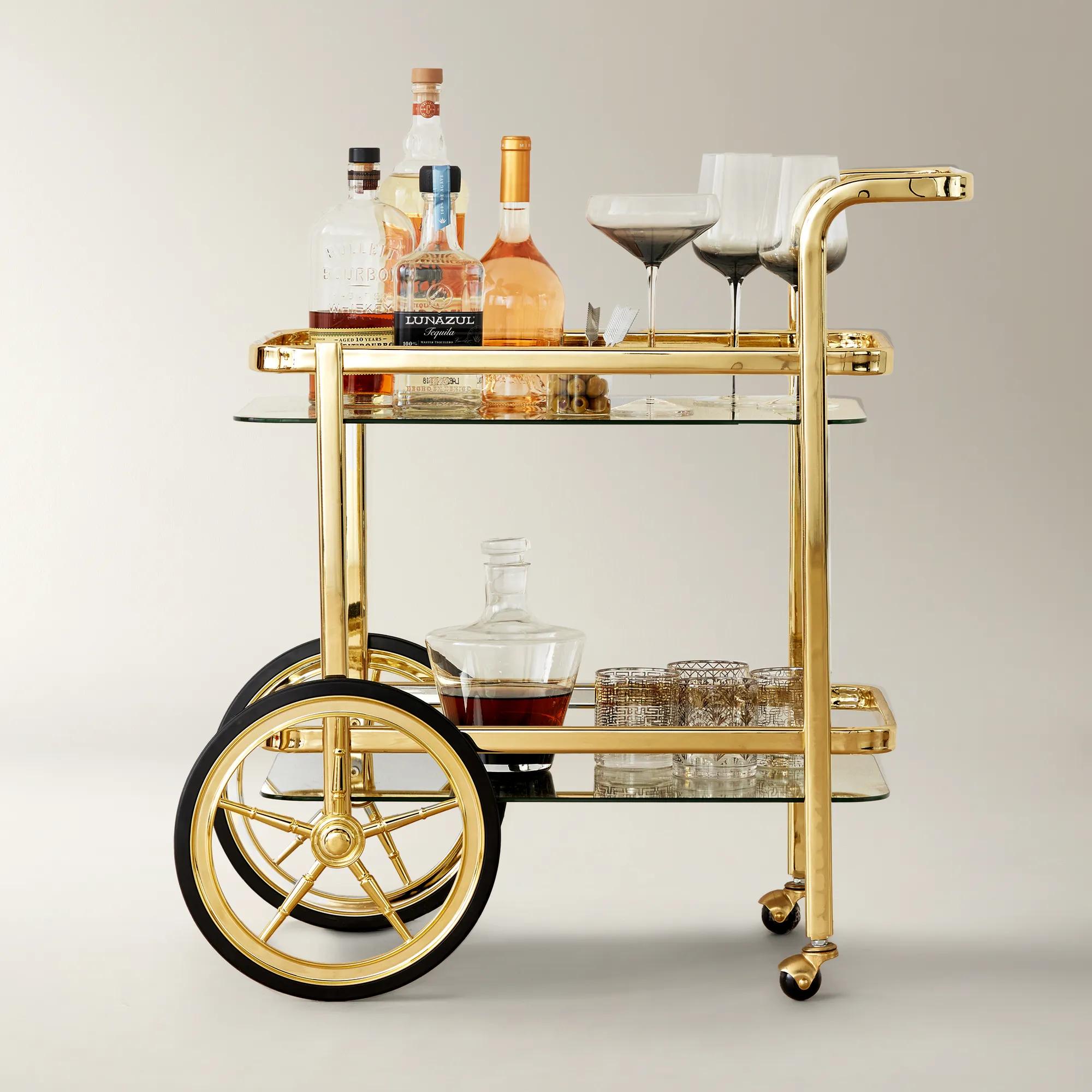 Trolley Soft Gold Steel And Glass 2-Tier Bar Carts (29.5")