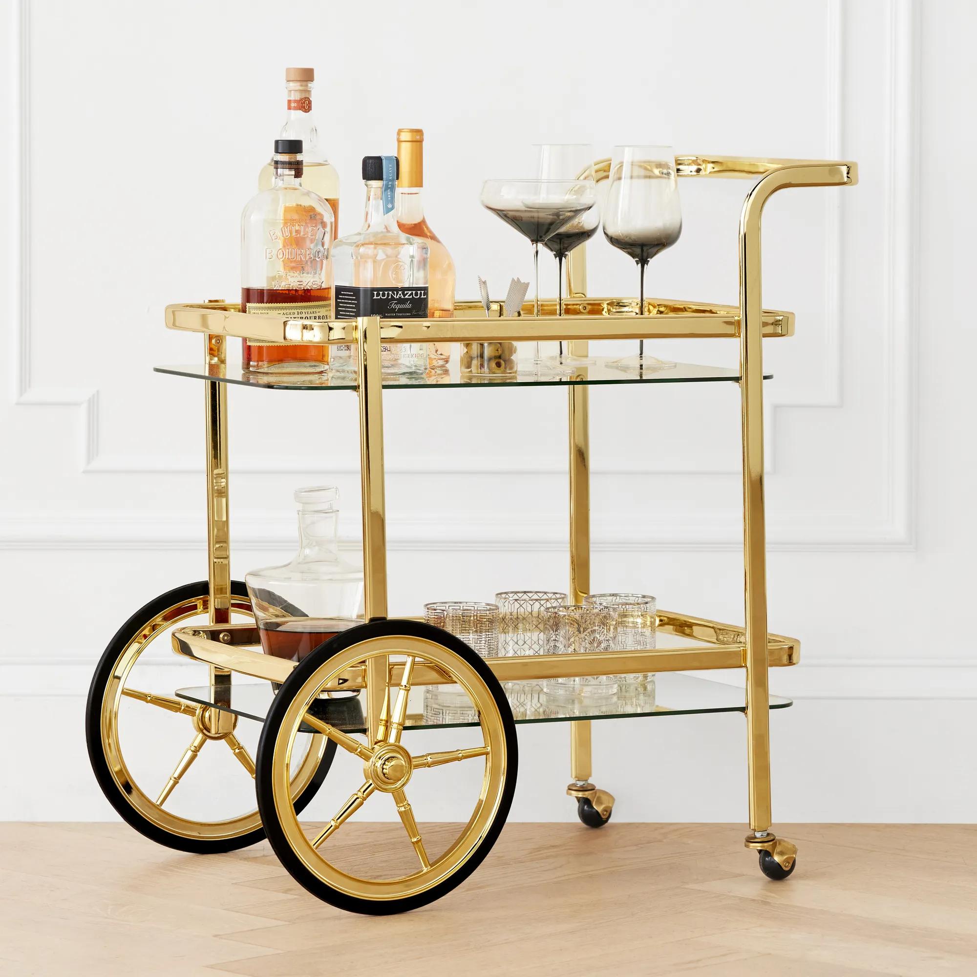 Trolley Soft Gold Steel And Glass 2-Tier Bar Carts (29.5")