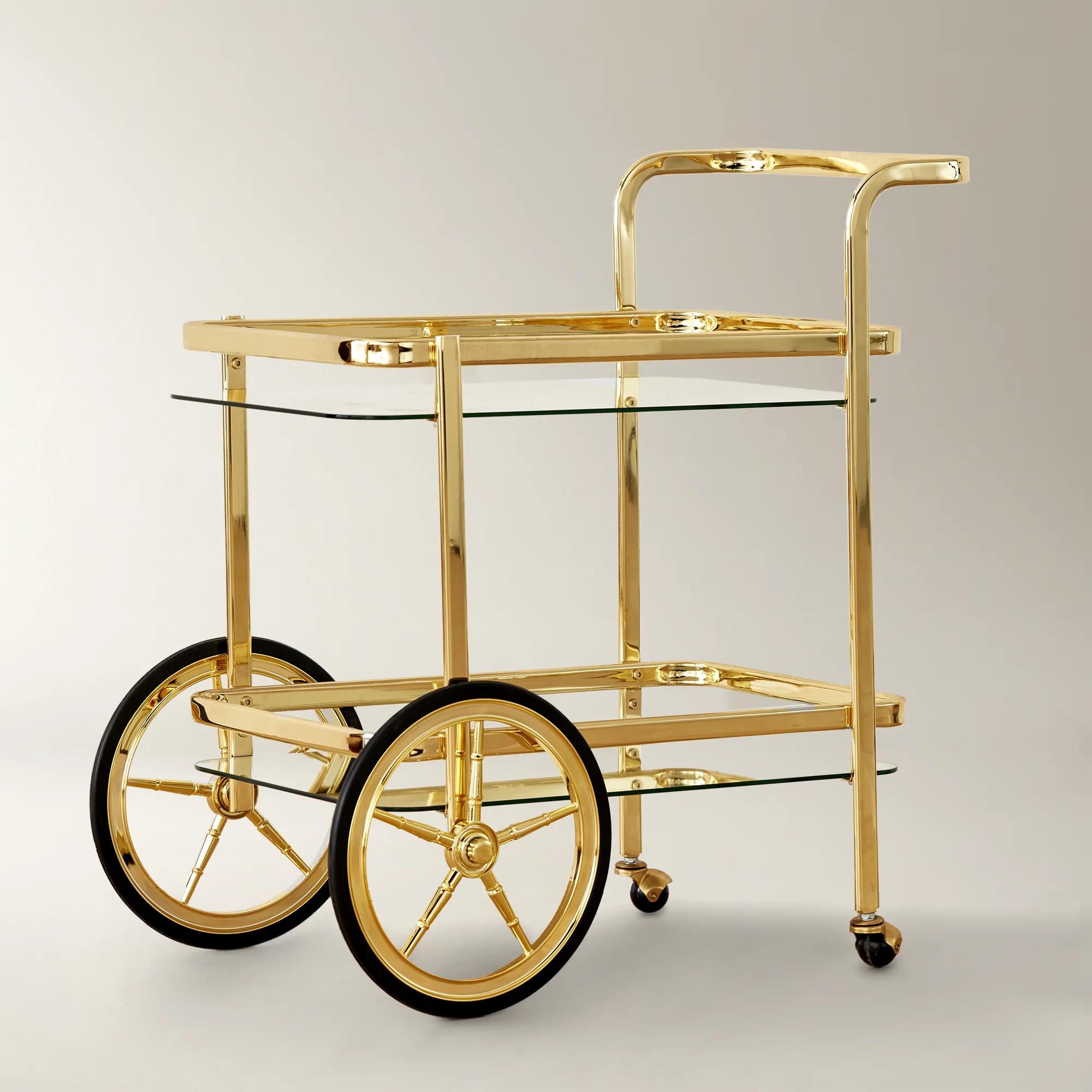 Trolley Soft Gold Steel And Glass 2-Tier Bar Carts (29.5")