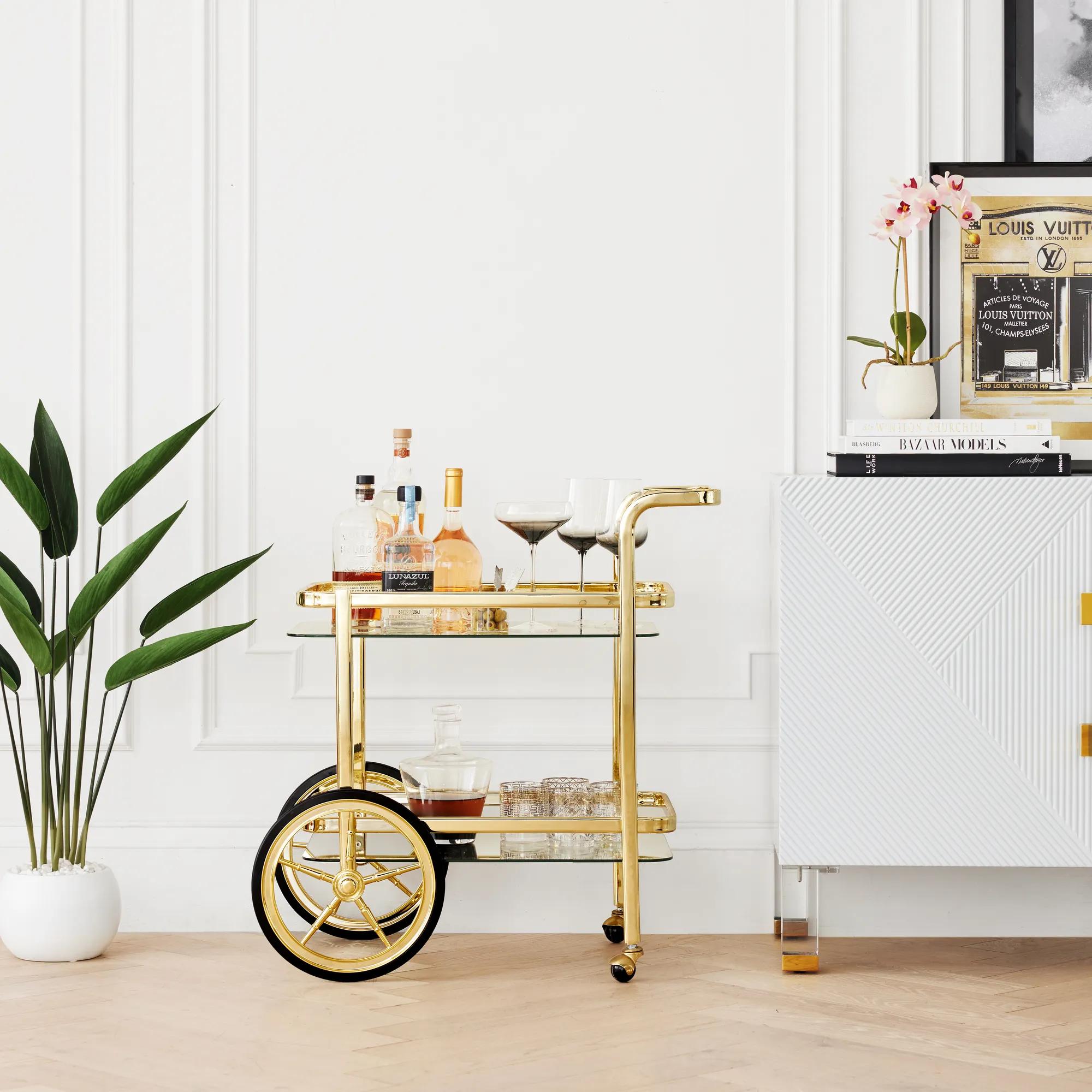 Trolley Soft Gold Steel And Glass 2-Tier Bar Carts (29.5")