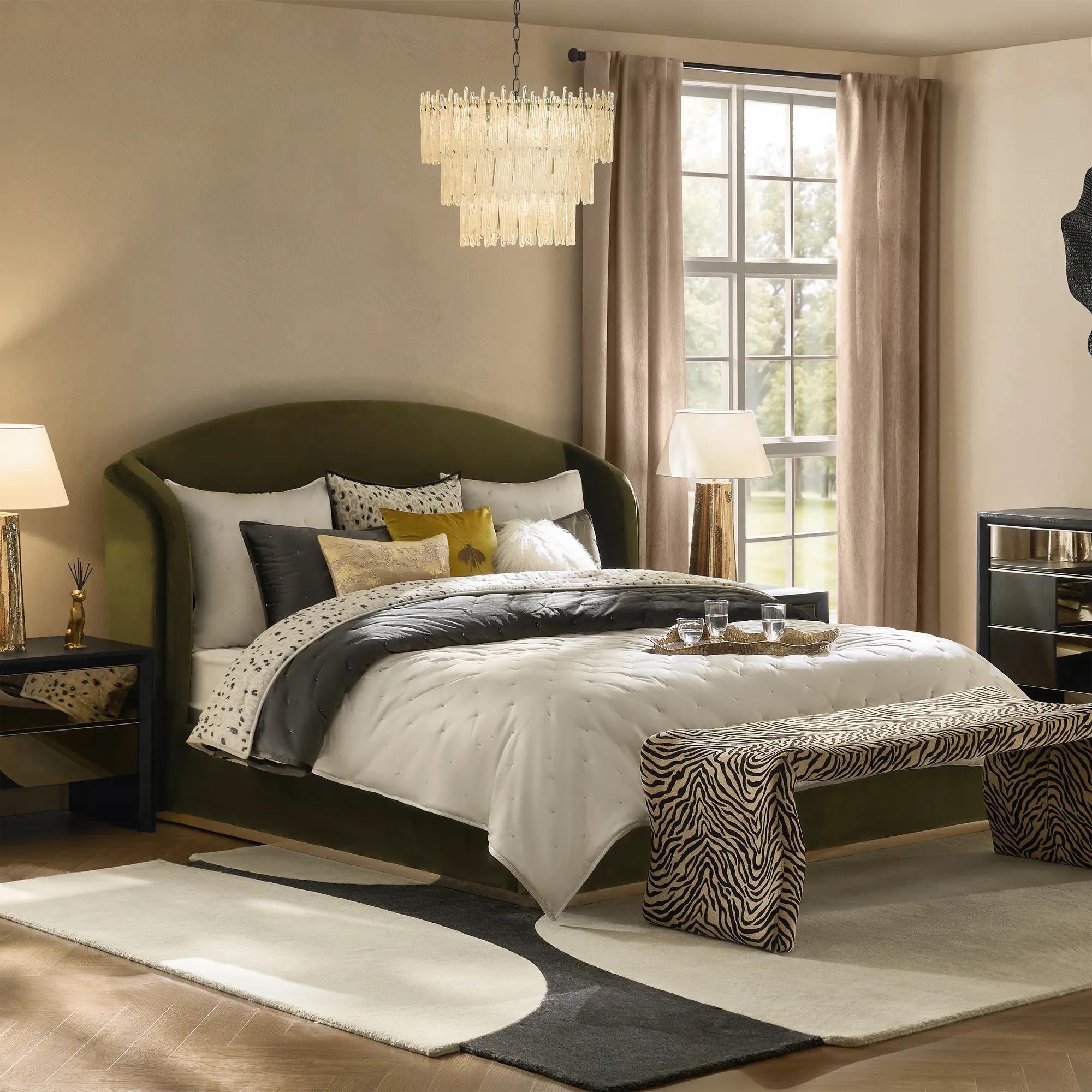 Glimmer Deep Olive Velvet Upholstered King Platform Bed