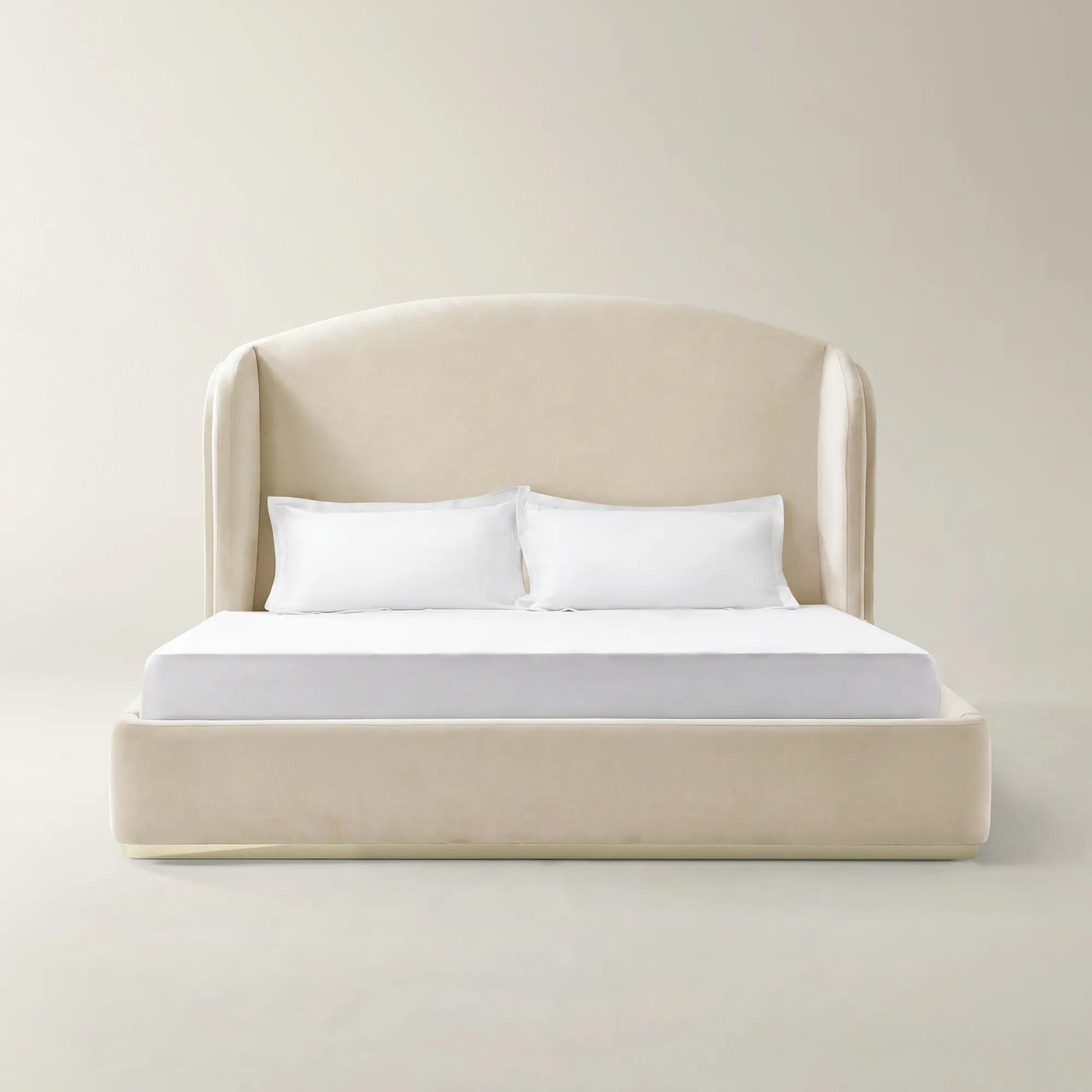 Glimmer Oatmeal Velvet Upholstered Queen Platform Bed