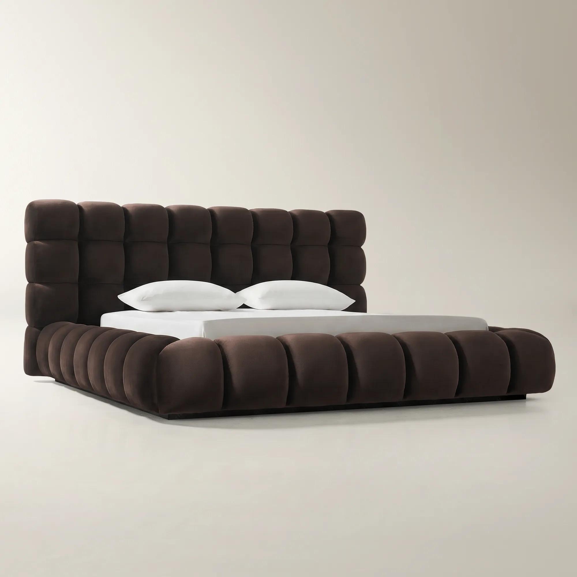 Paloma Tufted Dark Chocolate Velvet Upholstered Queen Platform Bed