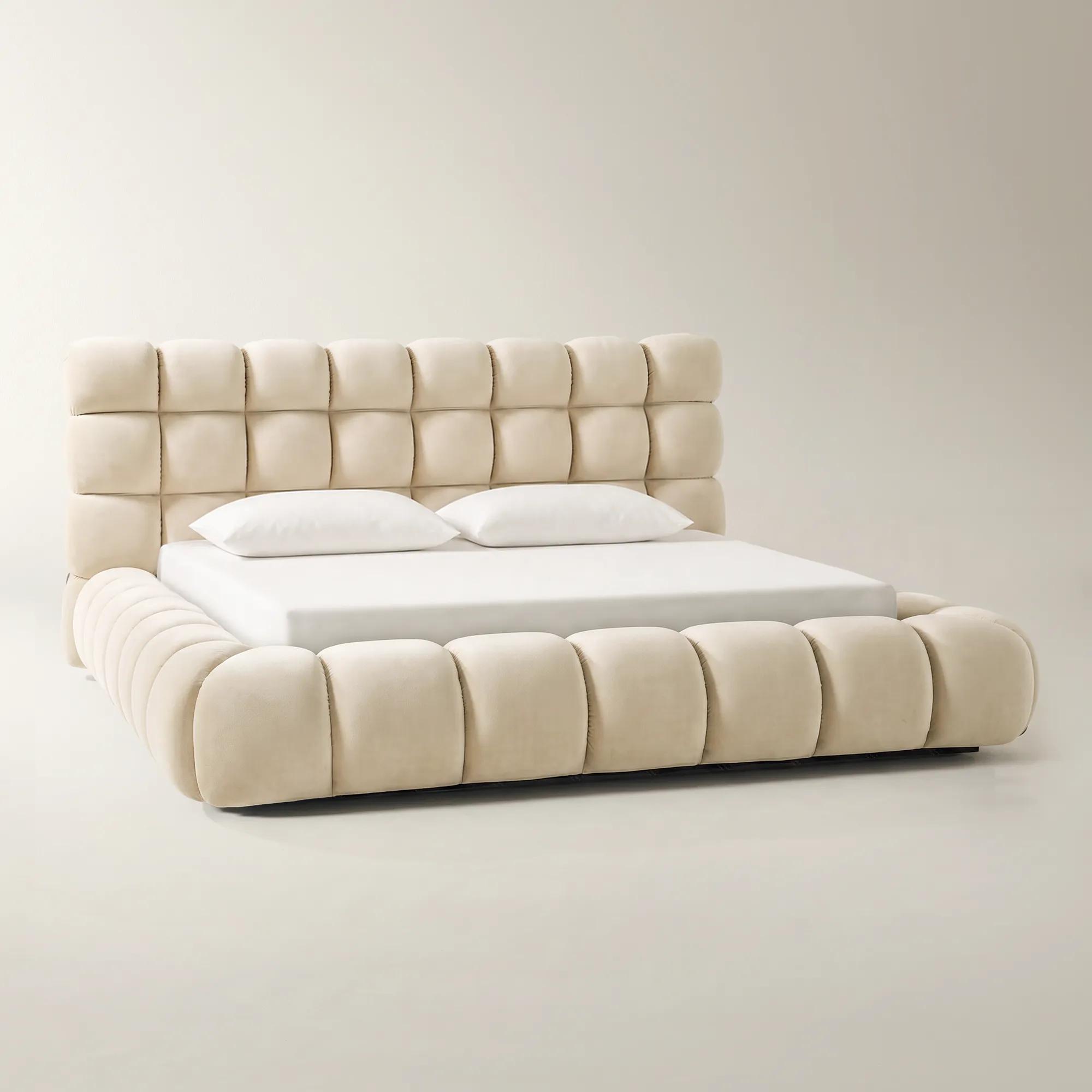 Paloma Tufted Oatmeal Velvet Upholstered Queen Platform Bed