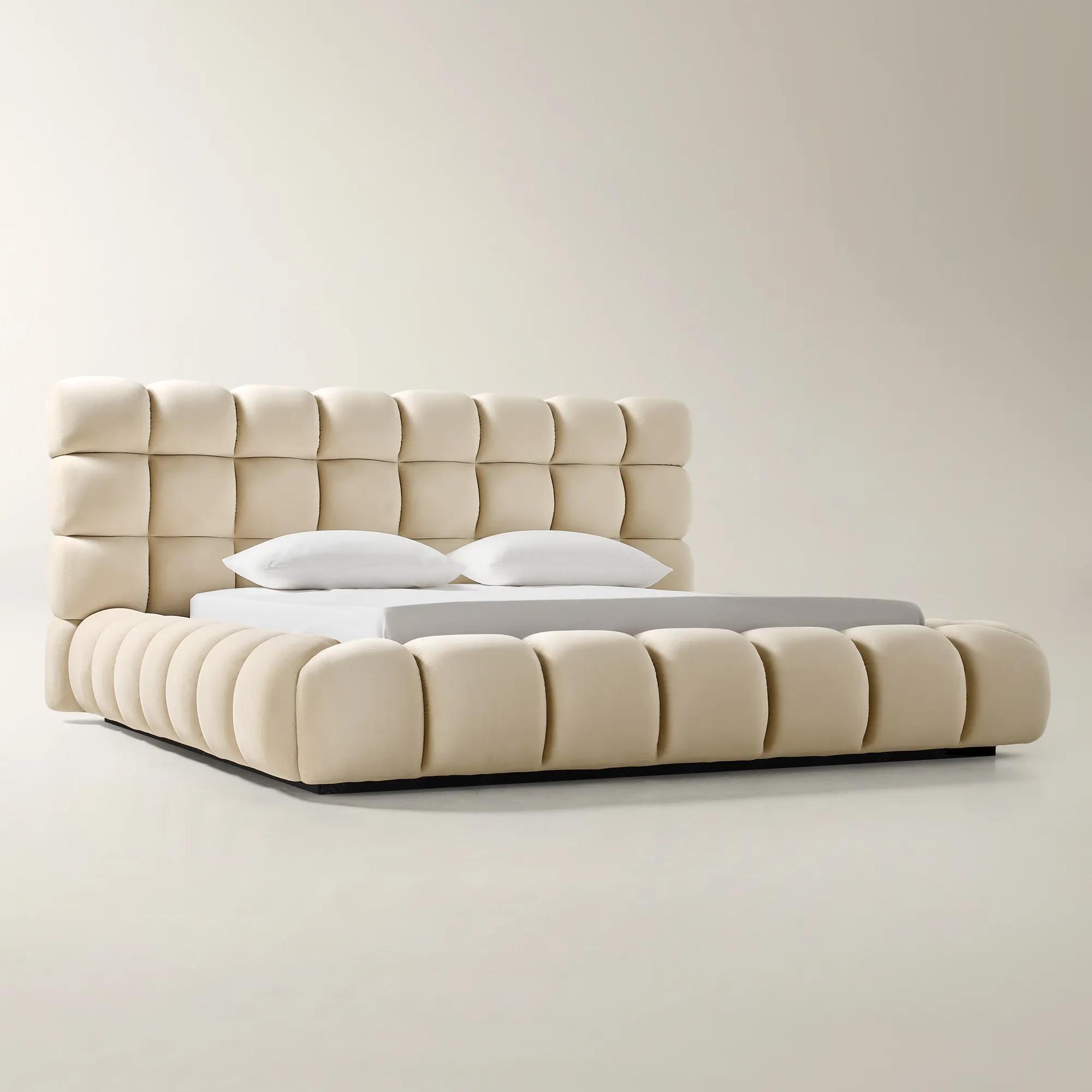 Paloma Tufted Oatmeal Velvet Upholstered Platform Bed
