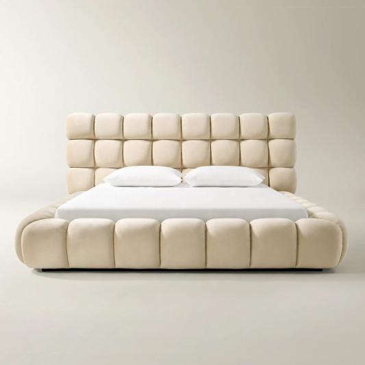 Paloma Tufted Oatmeal Velvet Upholstered King Platform Bed