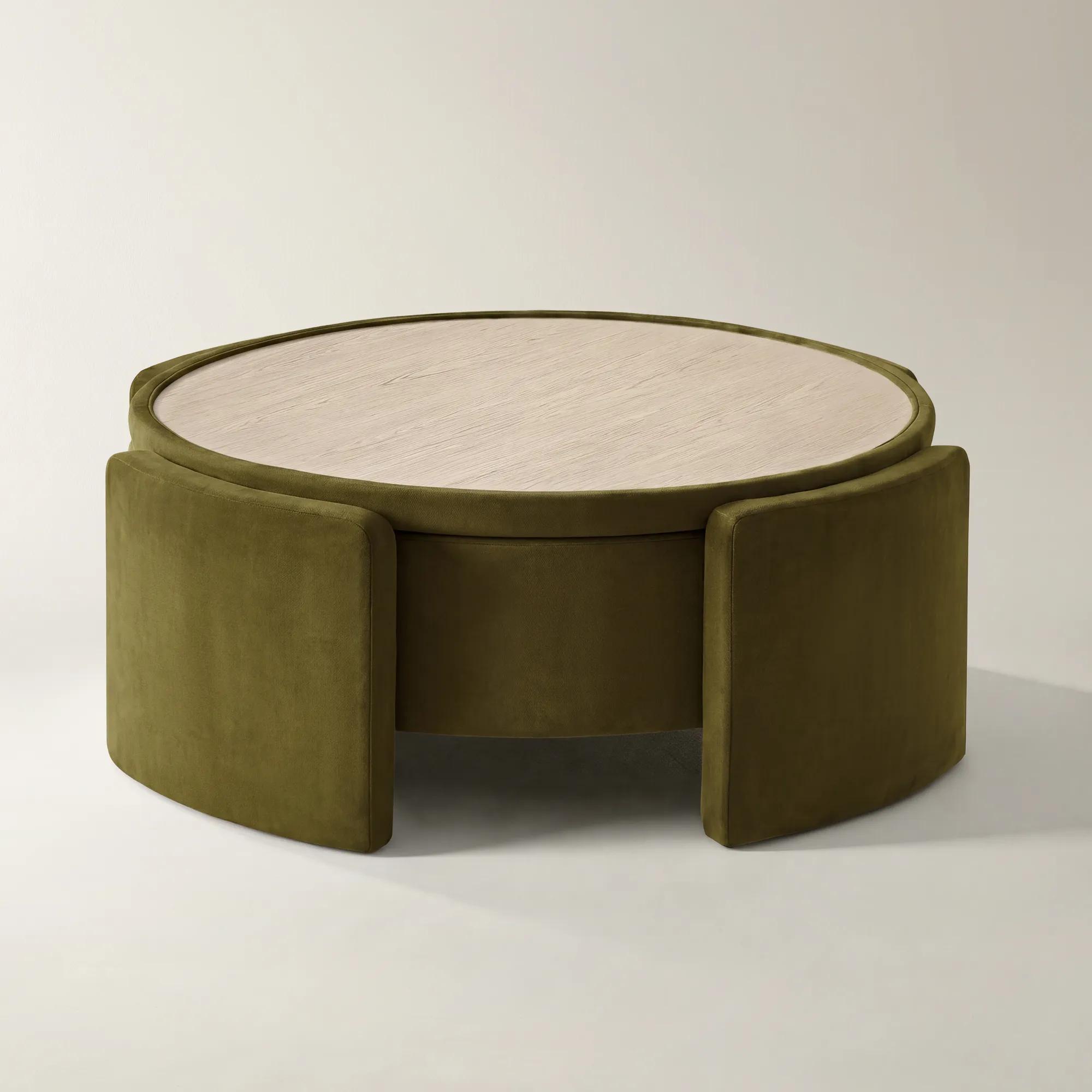 Jora Round Deep Olive Velvet Storage Coffee Table With Reversible Tabletop (47.7")