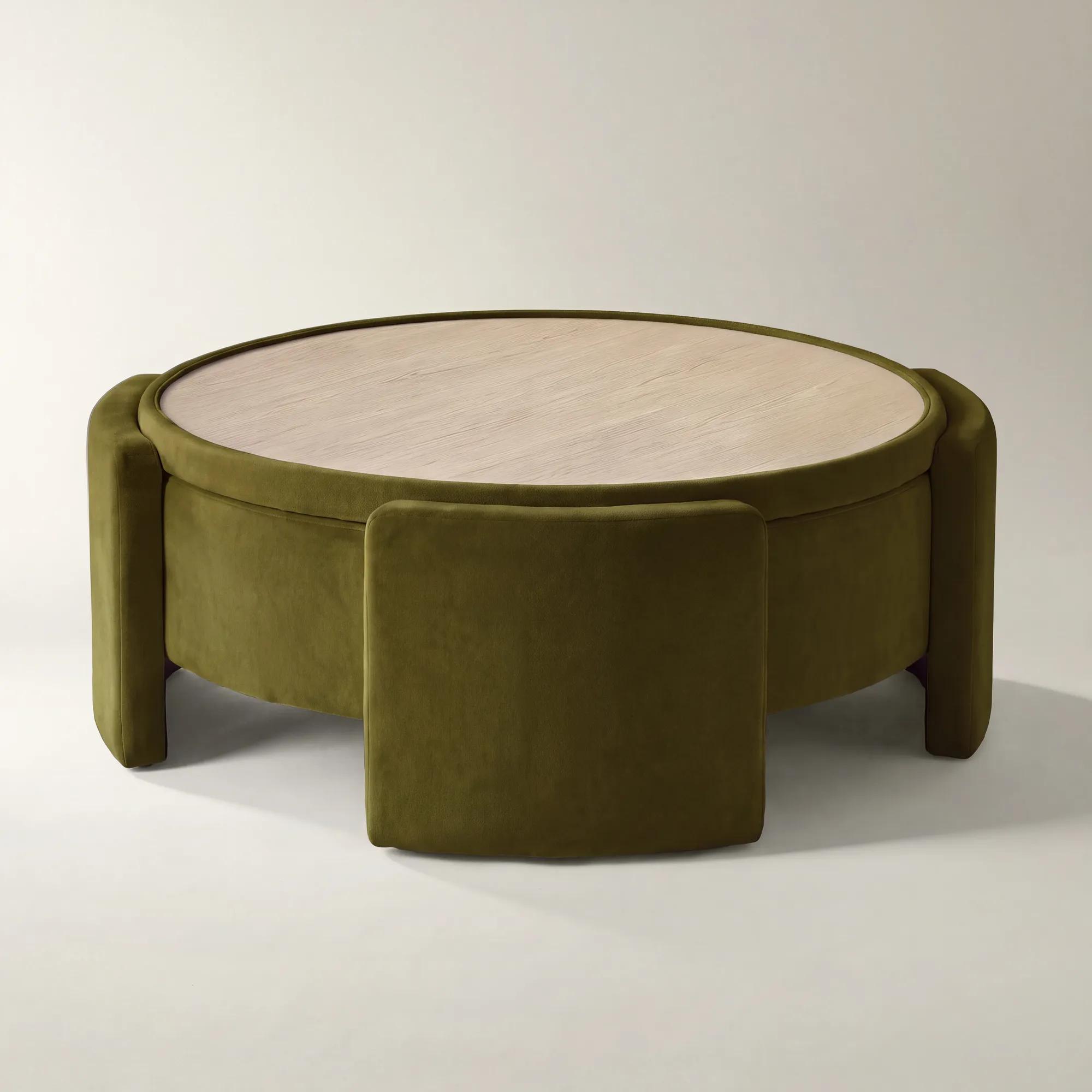 Jora Round Deep Olive Velvet Storage Coffee Table With Reversible Tabletop (47.7")
