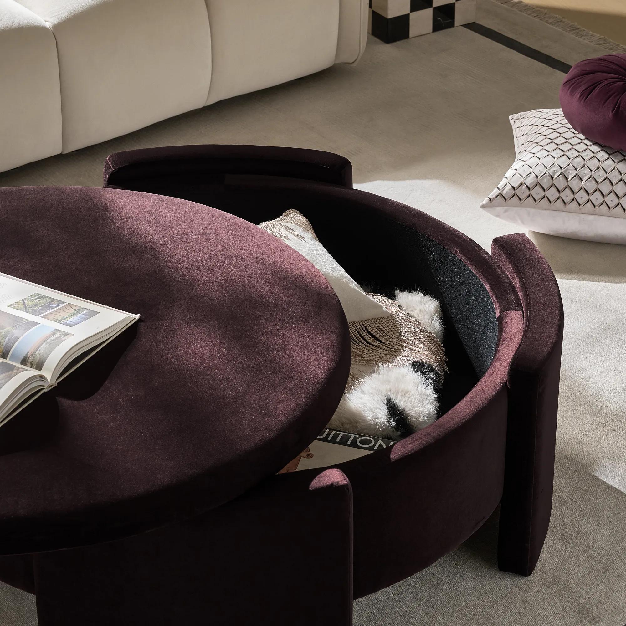 Jora Round Fig Velvet Storage Coffee Table With Reversible Tabletop (47.25")