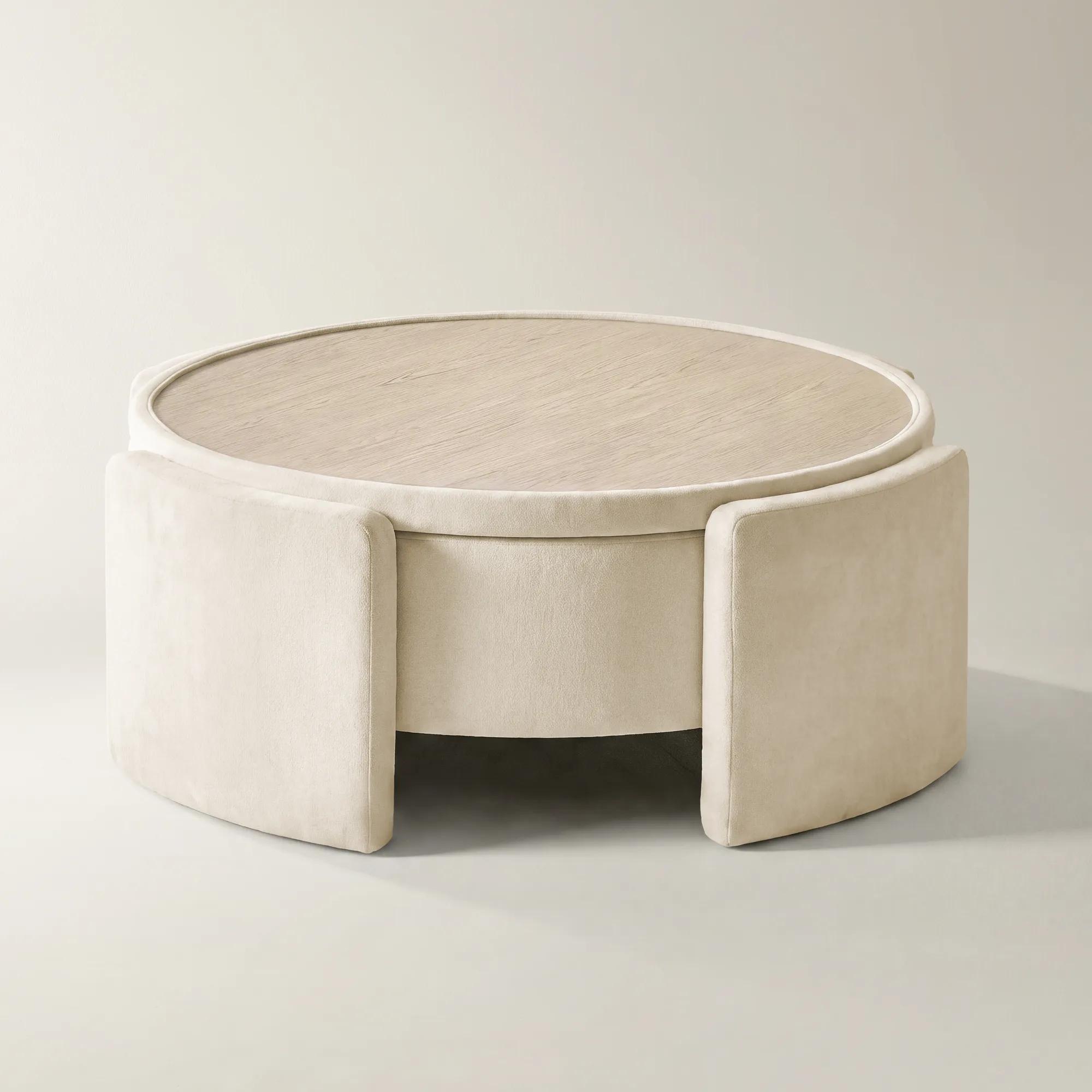 Jora Round Oatmeal Velvet Storage Coffee Table With Reversible Tabletop (47.7")