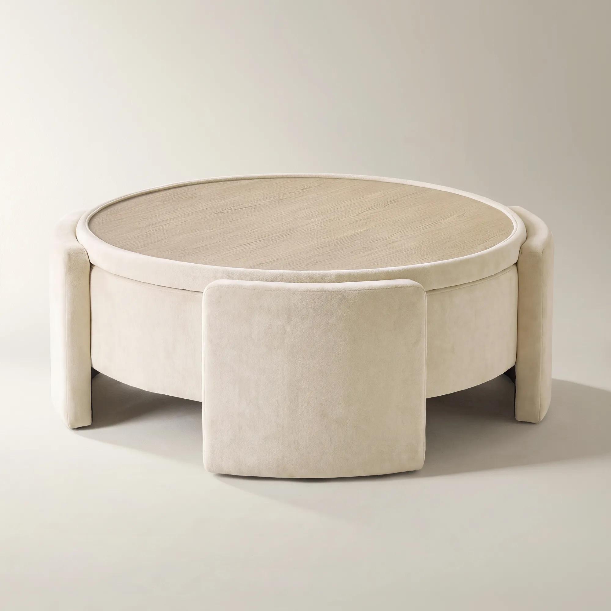Jora Round Oatmeal Velvet Storage Coffee Table With Reversible Tabletop (47.7")
