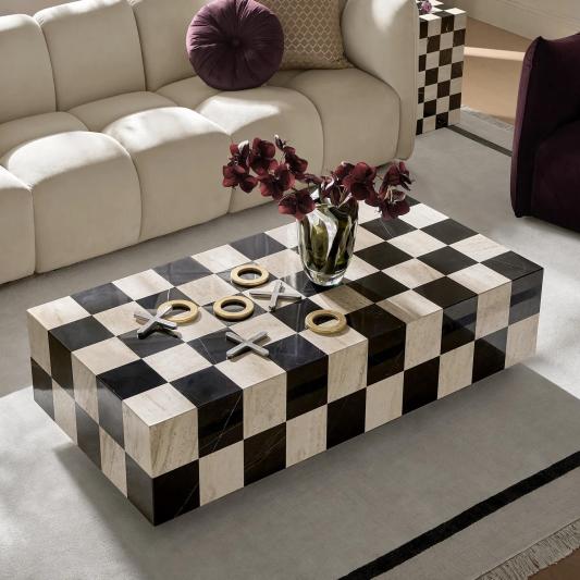Chessa Rectangular Chequered Marble Coffee Table (53.1")