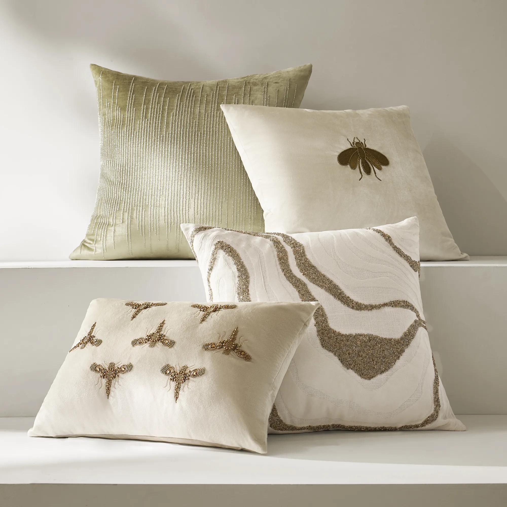 Voie Beaded Velvet Pillow 22" - Champagne Gold/Silver