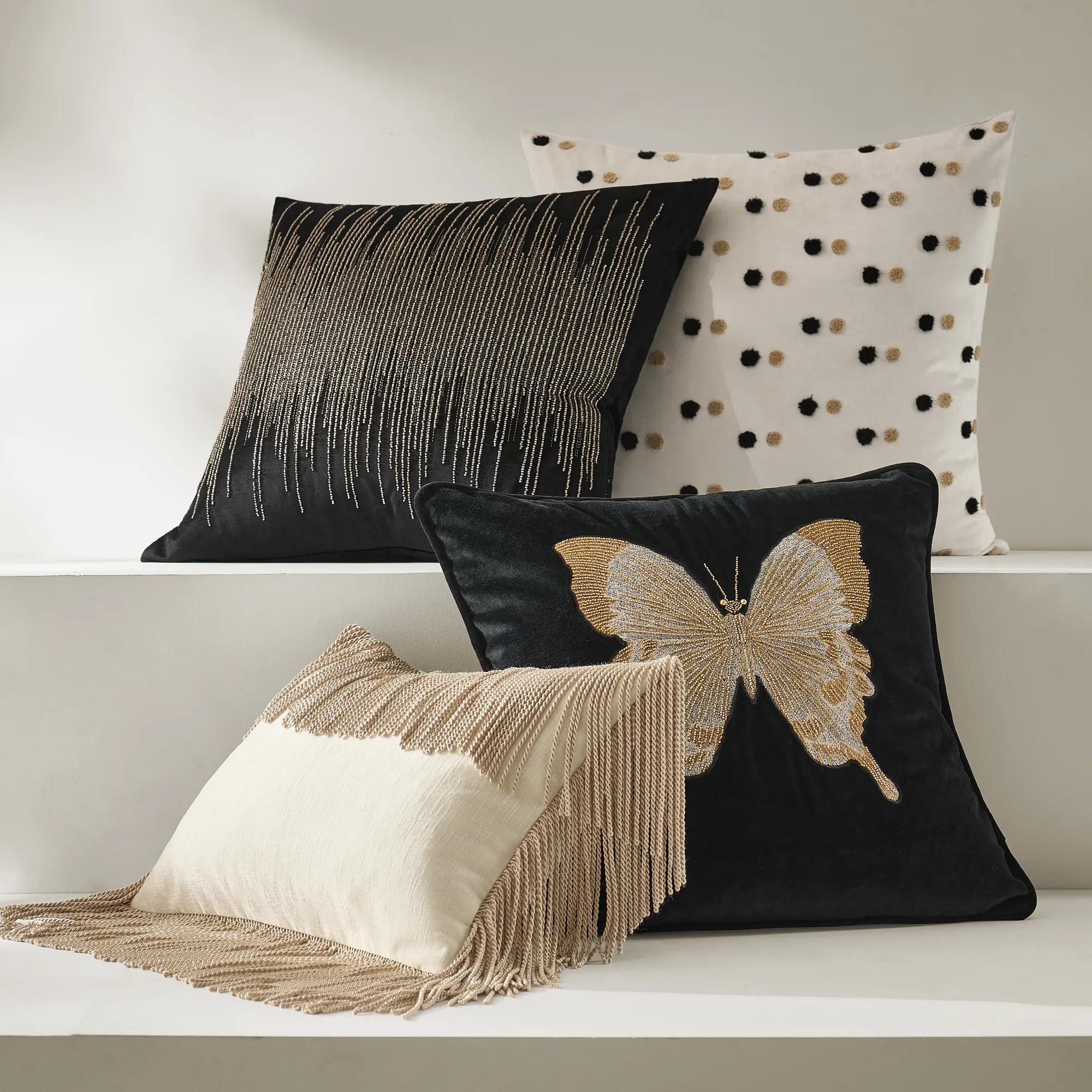 Voie Beaded Velvet Pillow 22" - Black/Champagne