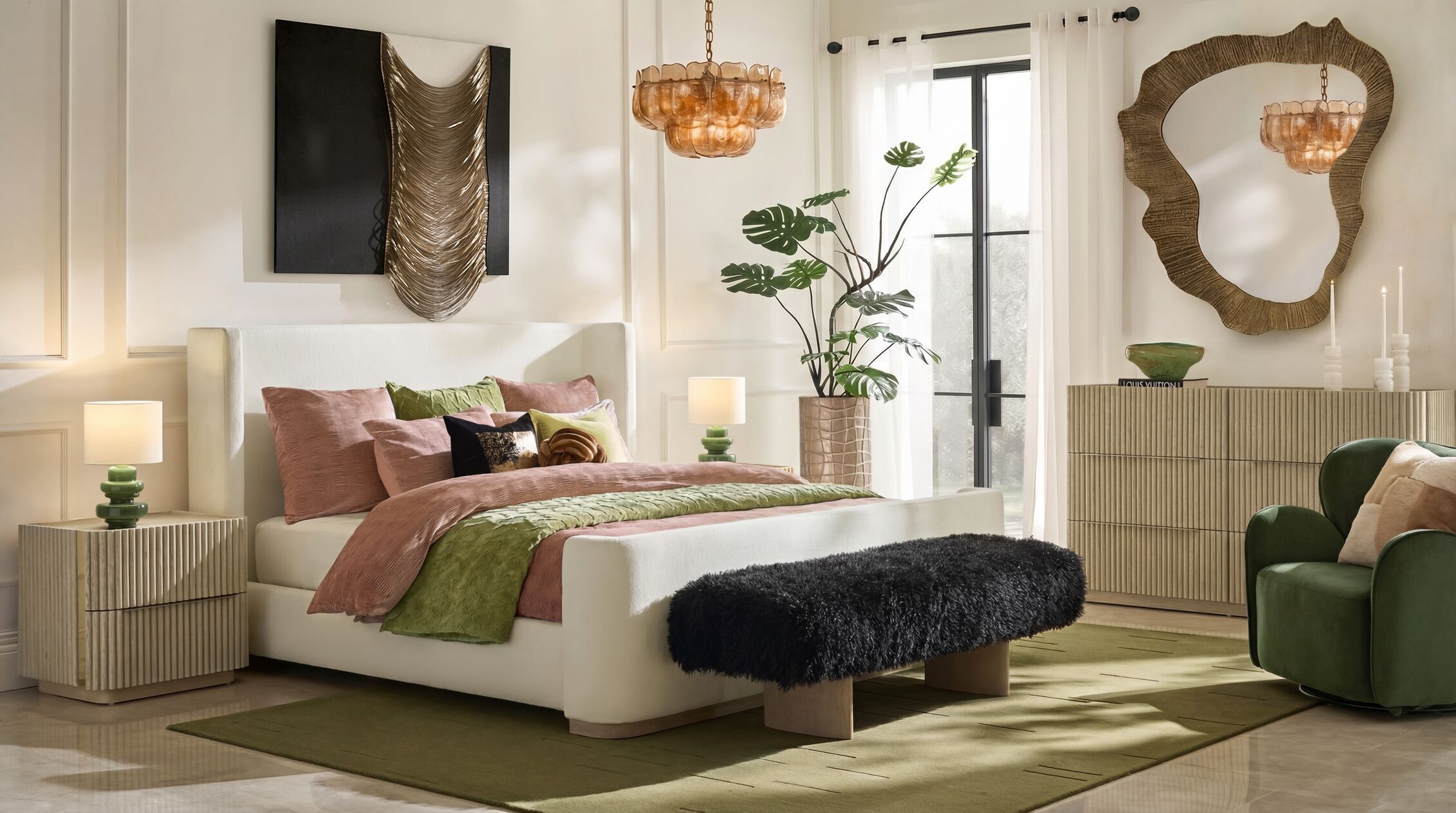 Transform your bedroom into a serene retreat with organic silhouettes, rich textural linens, and metallic accents that catch the light. Modern elegance, thoughtfully grounded.