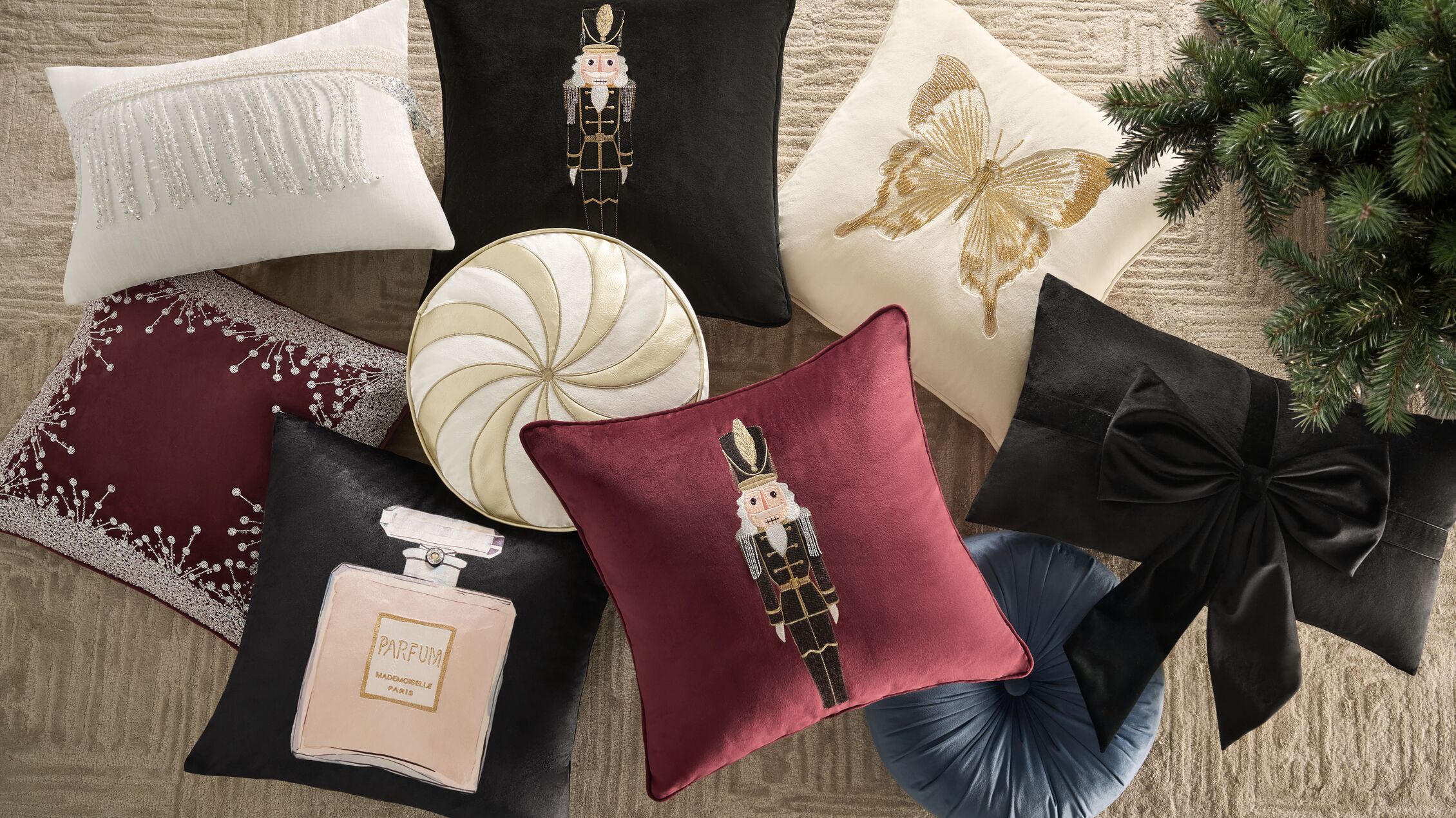 From intricate beadwork and shimmering thread to rich velvet textures, every accent pillow is designed to make a festive statement.