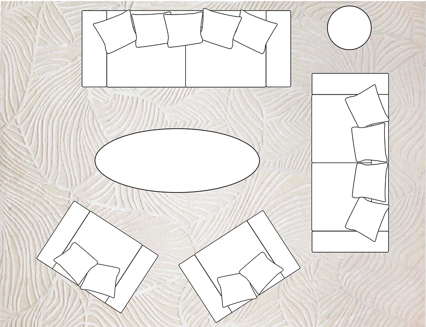 Living room rug size guide diagram for large spaces showing sofas, armchairs, and oval coffee table with all furniture legs completely on the area rug.