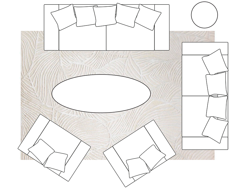 Living room rug placement diagram for perimeter wall layouts showing front legs of sofas and accent chairs placed on the area rug.