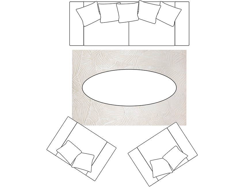Living room rug placement diagram for perimeter wall layouts showing front legs of sofas and accent chairs placed on the area rug.