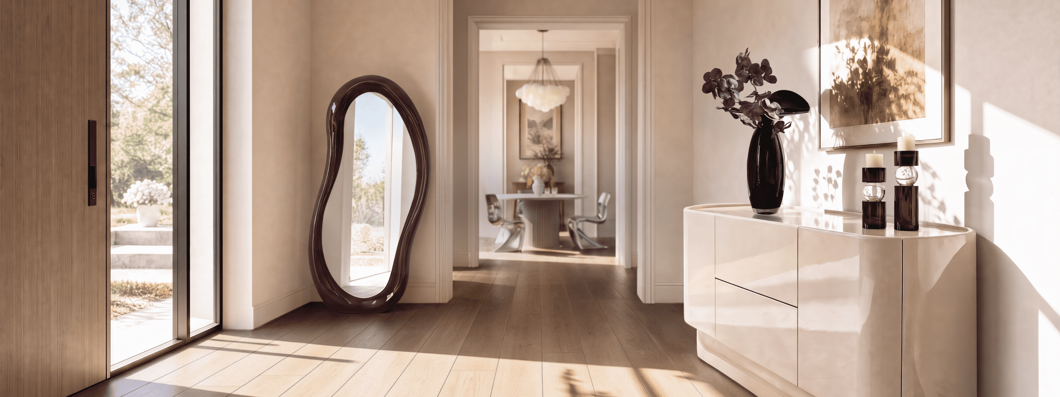 Sunlit modern entryway featuring a high-gloss cream curved credenza, a sculptural burgundy wavy floor mirror, and floral vase decor leading to an open dining room.