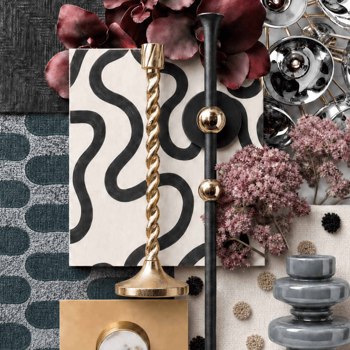 Flat lay mood board featuring interior design swatches, brass twisted candlestick, black hardware, textured fabrics, and dried floral accents.