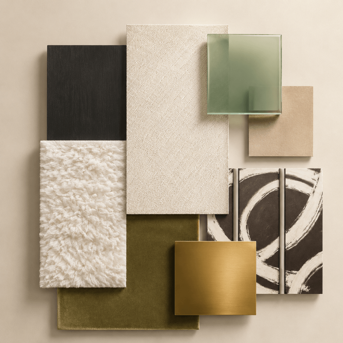 Flat lay composition of design mood board materials including green glass, wall art, boucle fabric, and green velvet fabric.