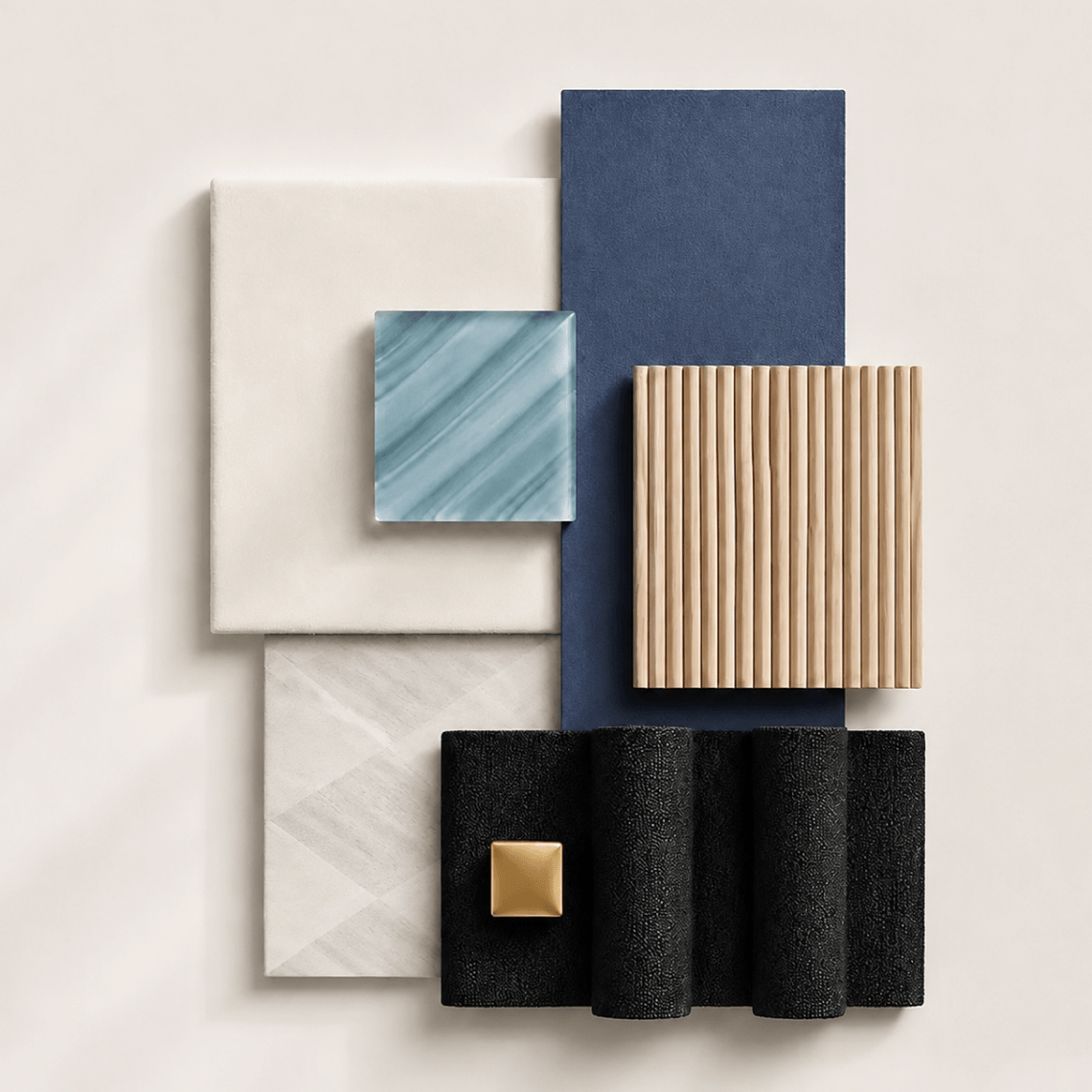 Curated interior design material mood board featuring fluted wood panel, deep blue swatch, textured cream tile, marble sample, rippled glass tile, black fabric drape, and brushed brass square knob.