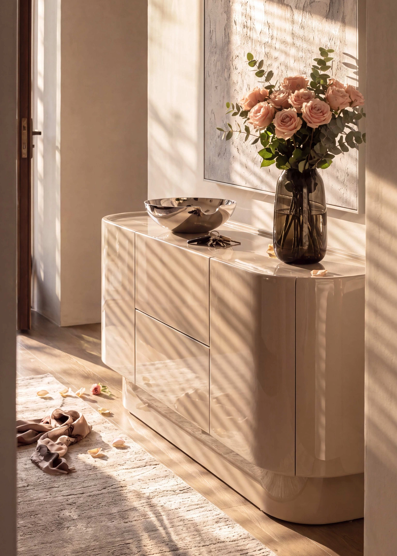 Customer photo of the cream high-gloss curved Velar Buffet styled with fresh pink roses in a tinted glass vase and silver decorative bowl in a sunlit hallway.