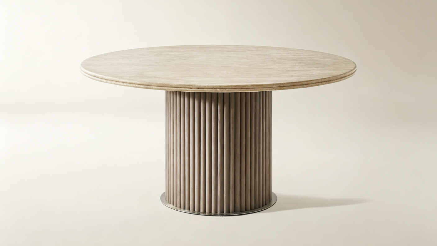 Bond round dining table featuring a fluted pedestal base and a neutral finished top.