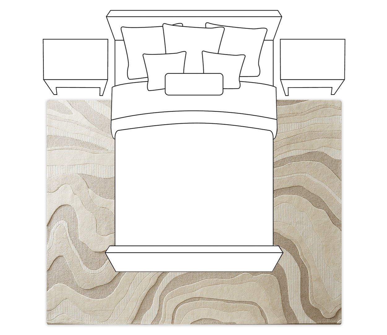 Bedroom rug placement diagram showing an oversized textured area rug placed under the lower two-thirds of the bed with generous side extension.