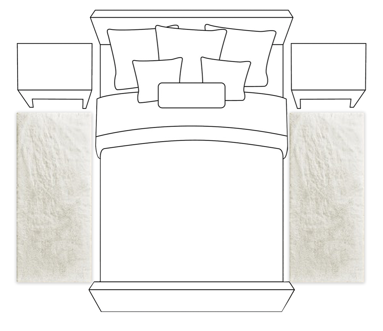 Alternative bedroom rug layout diagram illustrating twin plush runner rugs positioned symmetrically along each side of the bed.