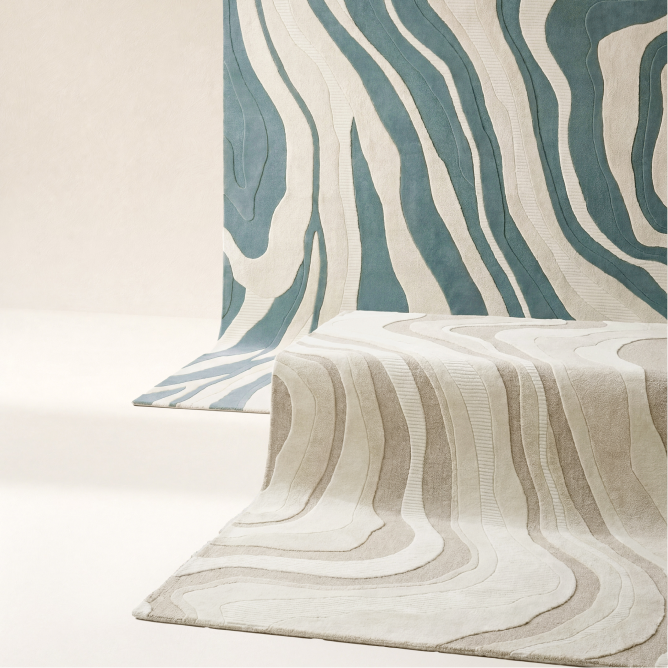 Modern area rugs displaying fluid organic wave patterns, featuring teal blue, cream, and beige textured wool fibers.