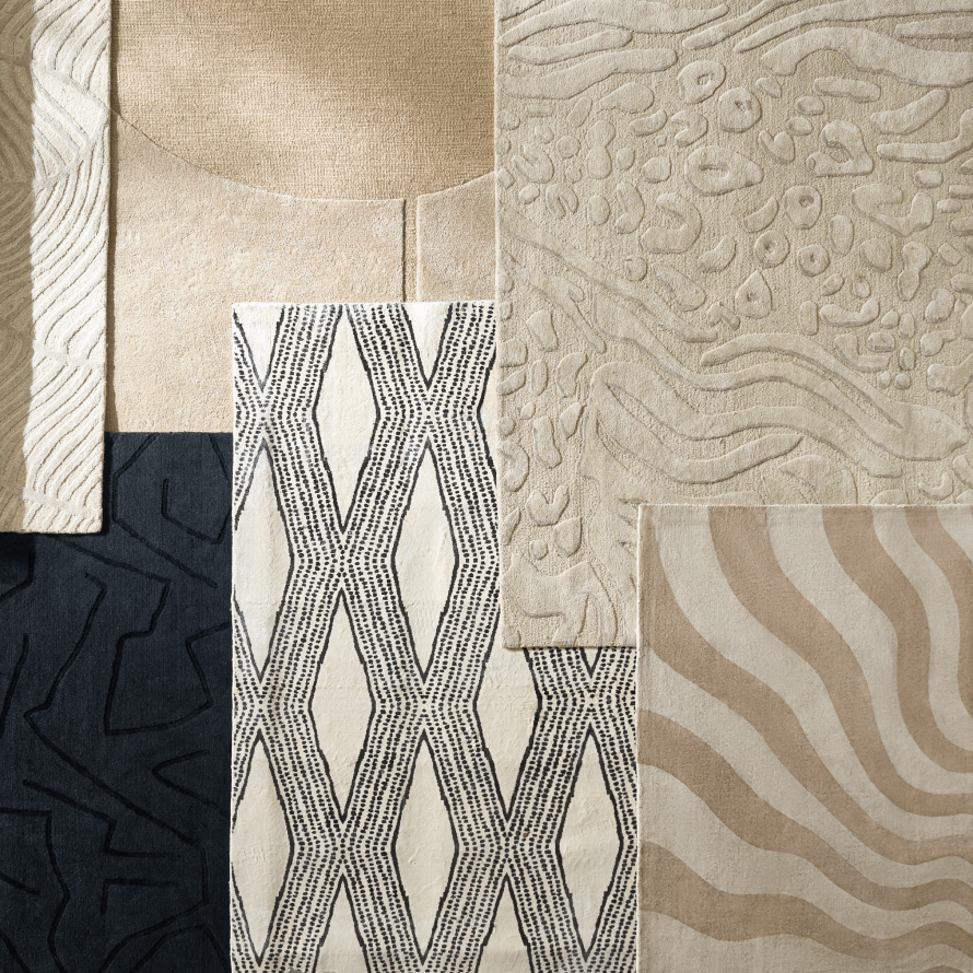 Flat lay compilation of modern textured area rugs featuring geometric, animal print, and neutral patterned swatches