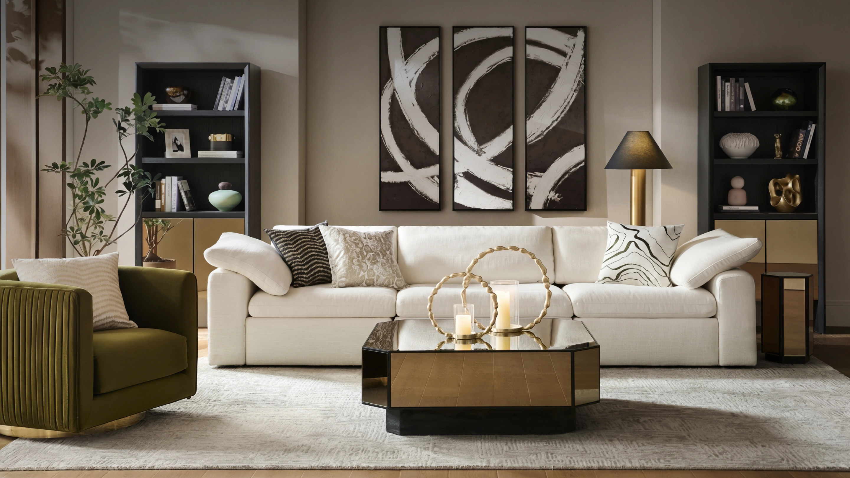 Elegant living room with a large cream sofa, olive green velvet swivel chair, mirrored hexagonal coffee table, three-panel black and white abstract wall art, and flanking dark bookcases.