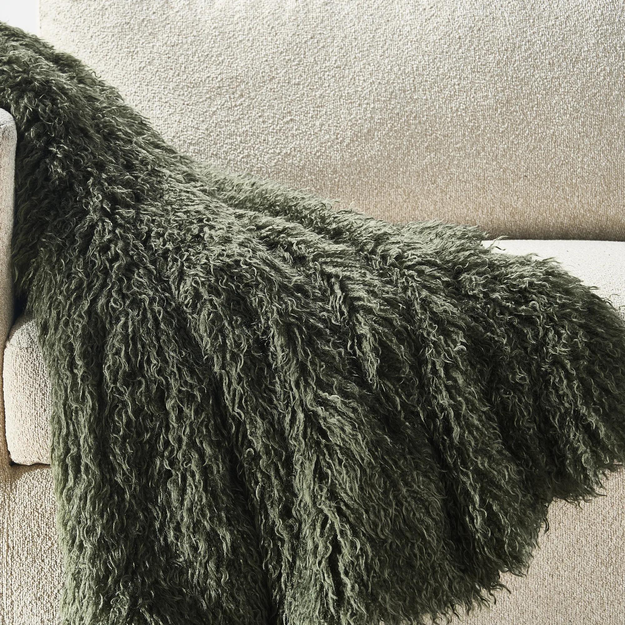 Micah Dark Green Faux Mongolian Throw Blanket | Z Gallerie