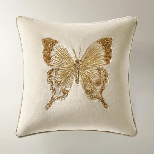 Bella Beaded Butterfly Pillow 20" - Ivory/Gold