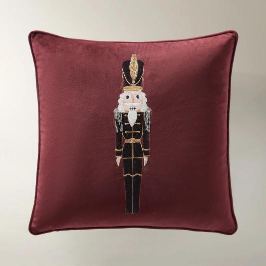 Nutcracker Embroidered Burgundy Velvet Holiday Pillow 20" x 20"